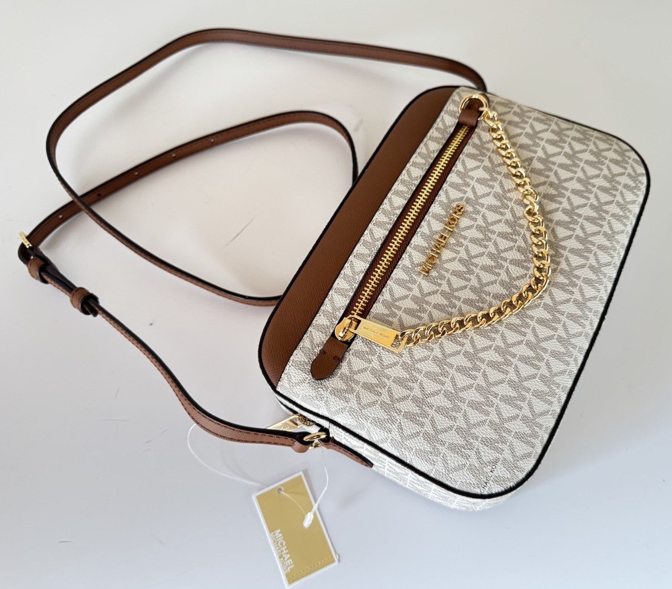 MICHAEL KORS JET SET ITEM CHAIN SHOULDER CROSSBODY BAG MK VANILLA BROWN
