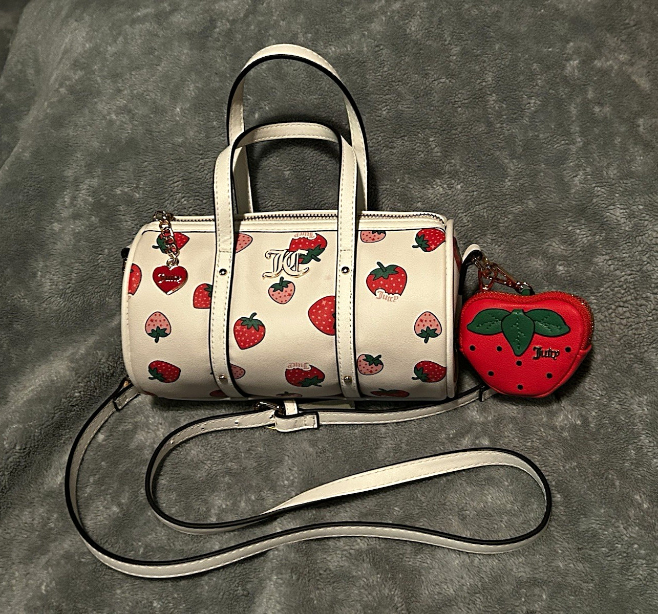 Juicy Couture White Strawberry Print Barrel Crossbody Bag Zip Coin Purse Charm