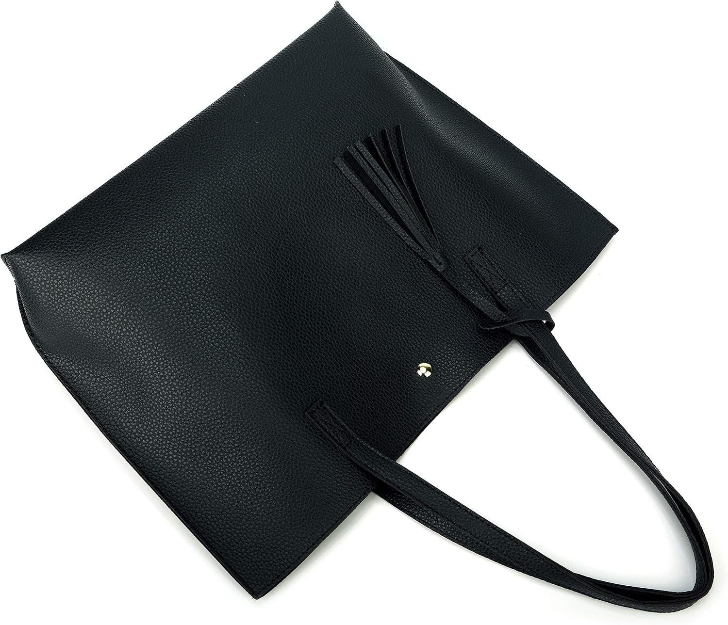 Trendy Black PU Leather Tote: Lightweight Handbag with Tassel & Multiple Pockets