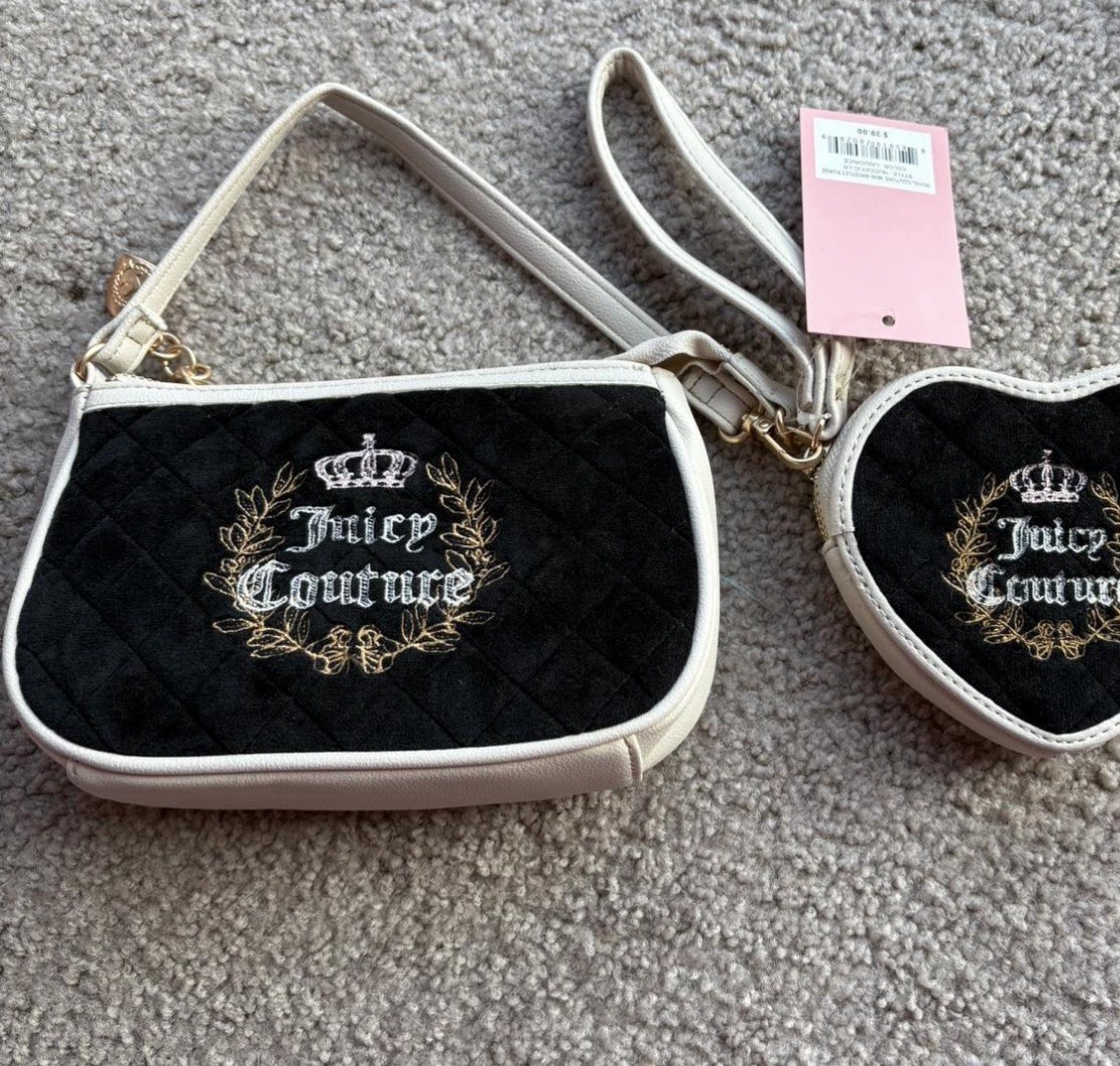 Juicy Couture Black White Quilted Wristlet with Heart Coin Purse, Zip Closure