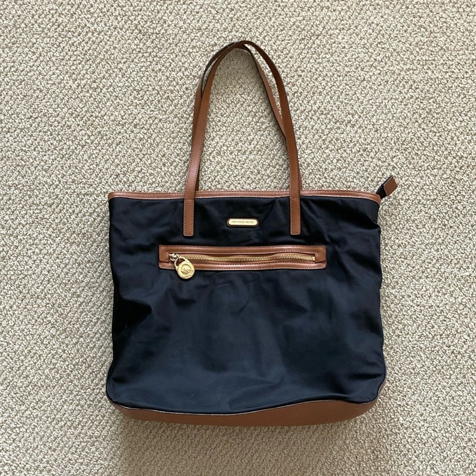 Michael Kors Shoulder Bag Tote Nylon Saffiano Leather Black Brown Refurbished