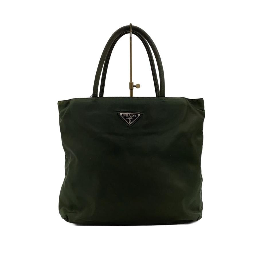 PRADA Khaki Triangle Logo Handbag Double Top Handles 29.5cm 28cm Preowned Auth
