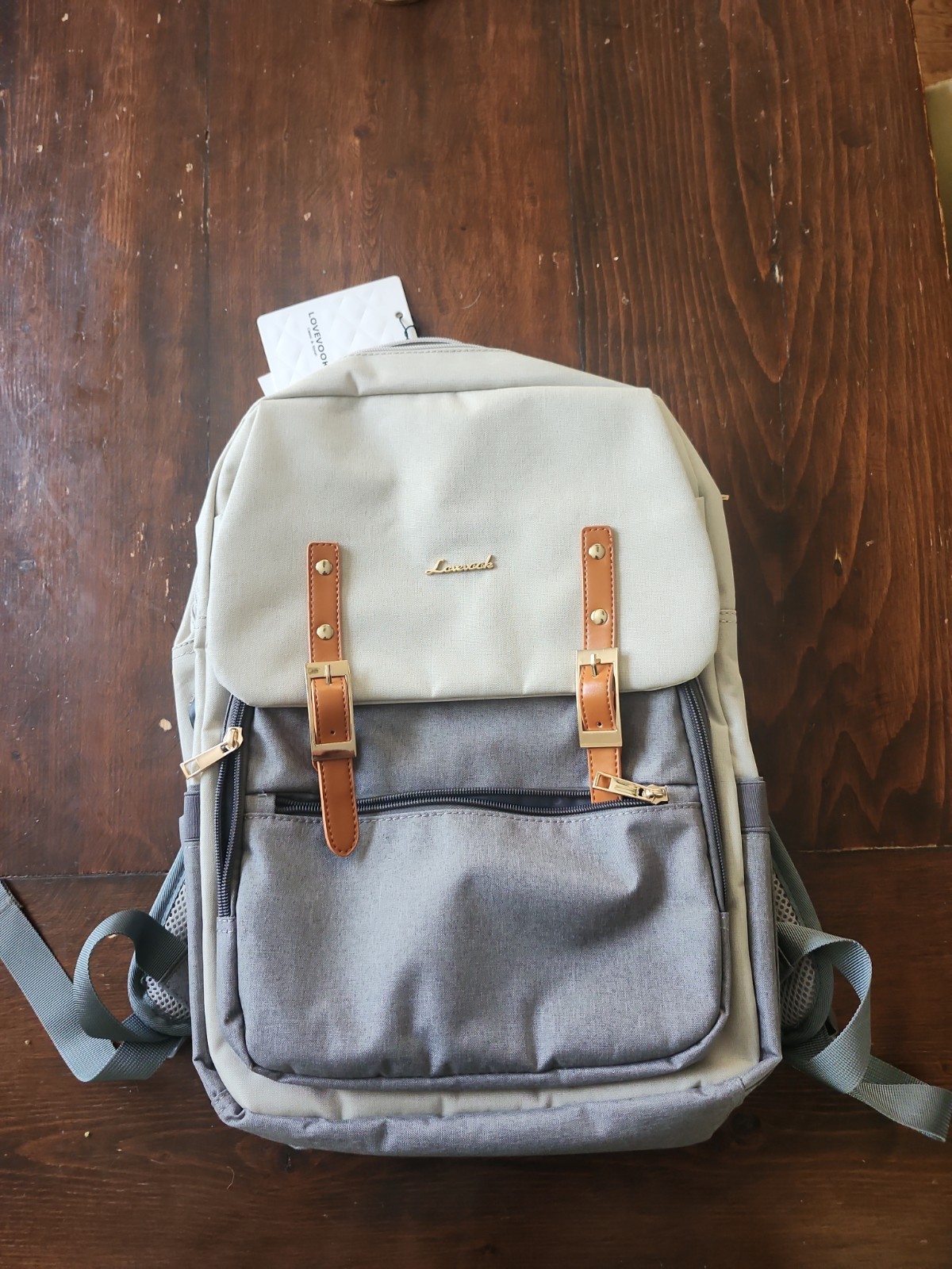 Lovevook Grey & Beige Canvas Fabric Laptop Backpack New With Tag