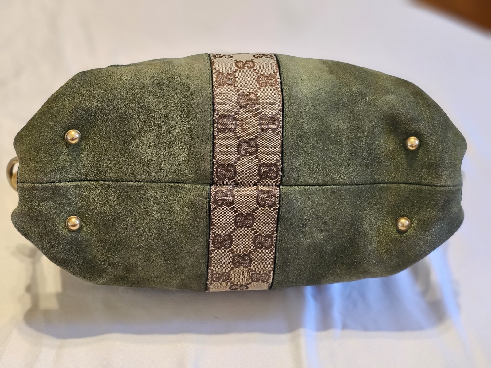 Gucci Green Satchel Top Handle Bag GG Pattern Zip Gold Hardware Inner Pockets