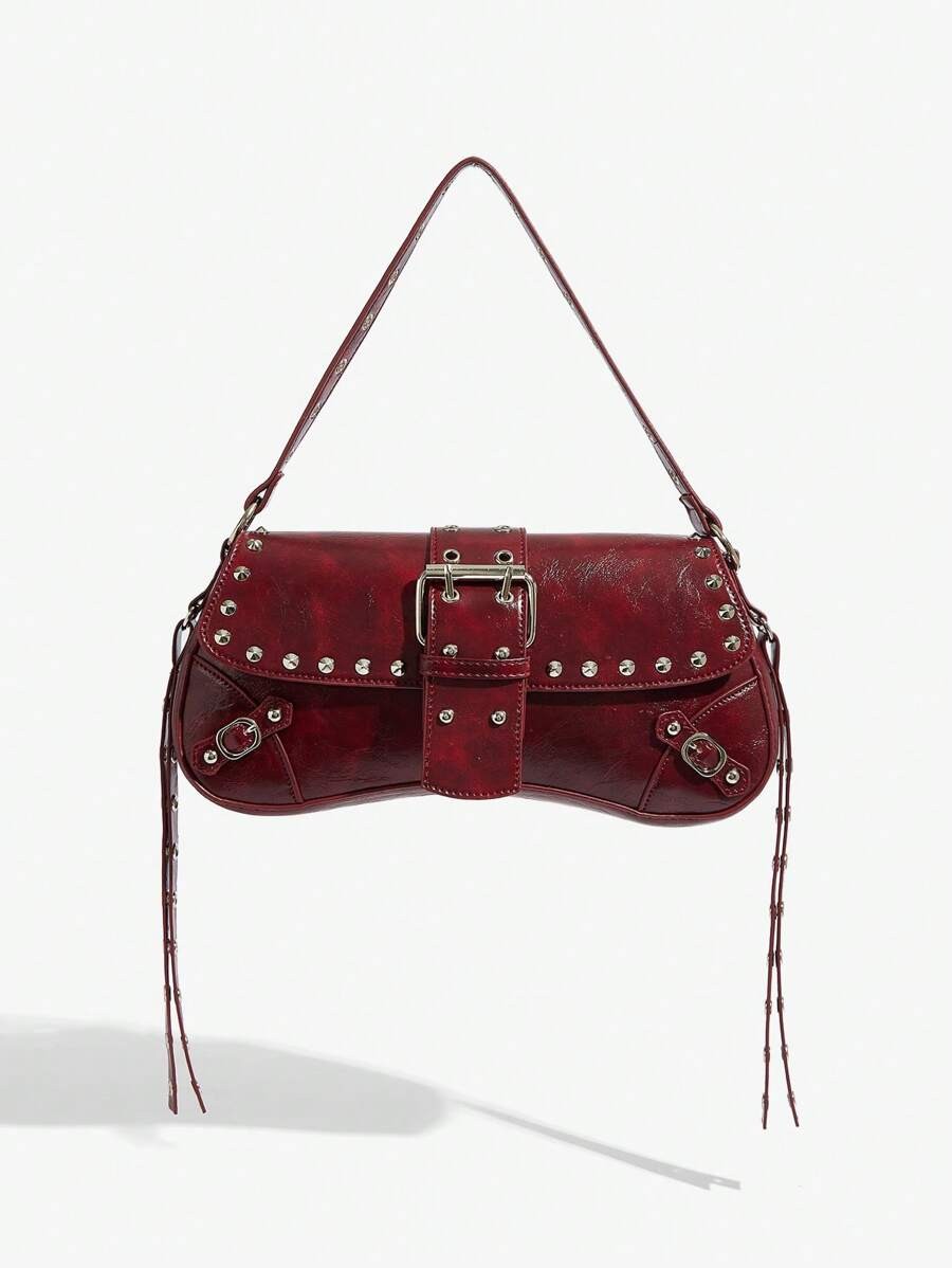 Fashion Studded Baguette Bag Plat Grommet Eyelet Buckle Shoulder Purse Women