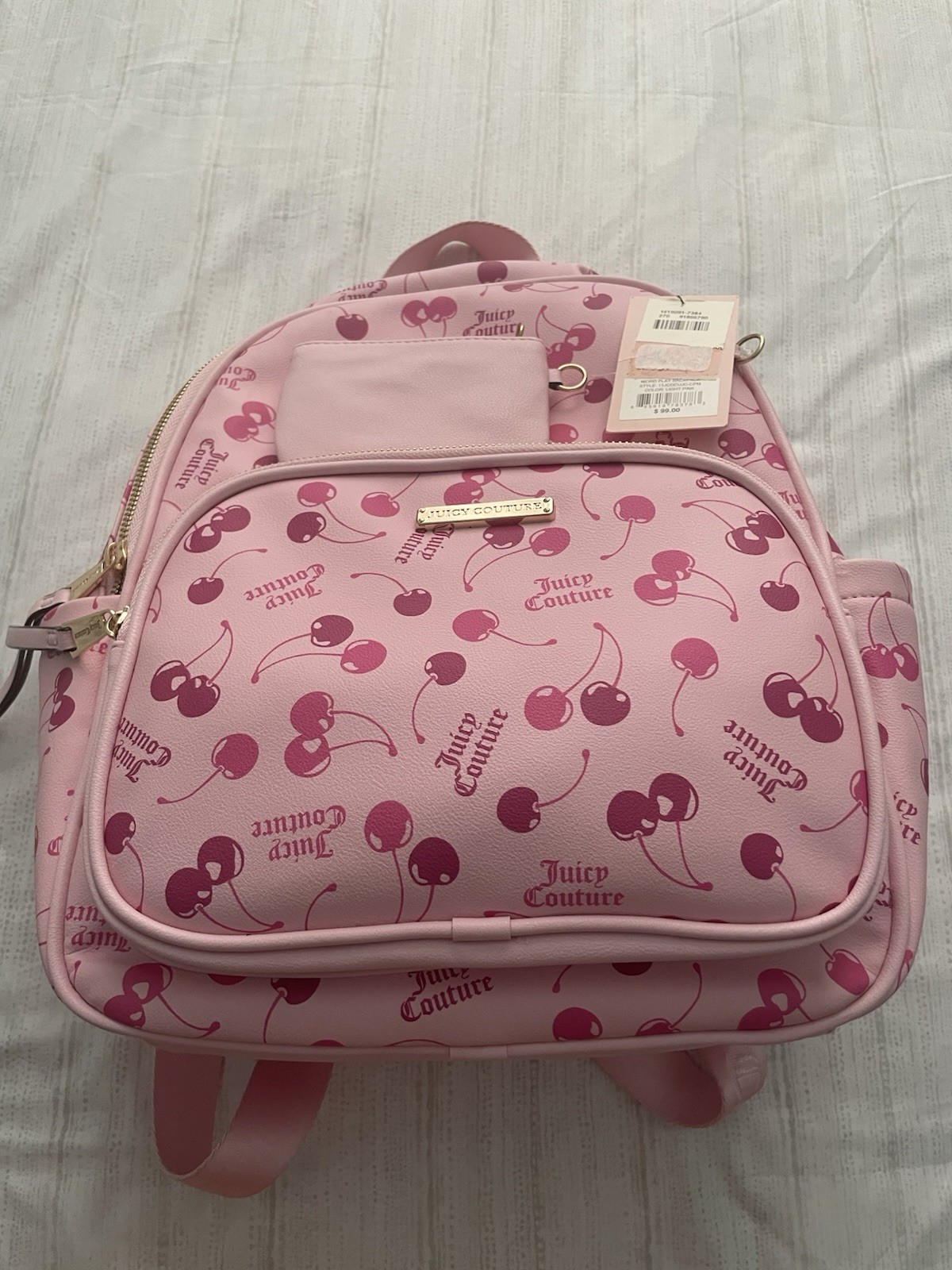 Juicy Couture Pink Cherry Print Mini Backpack with Gold Hardware