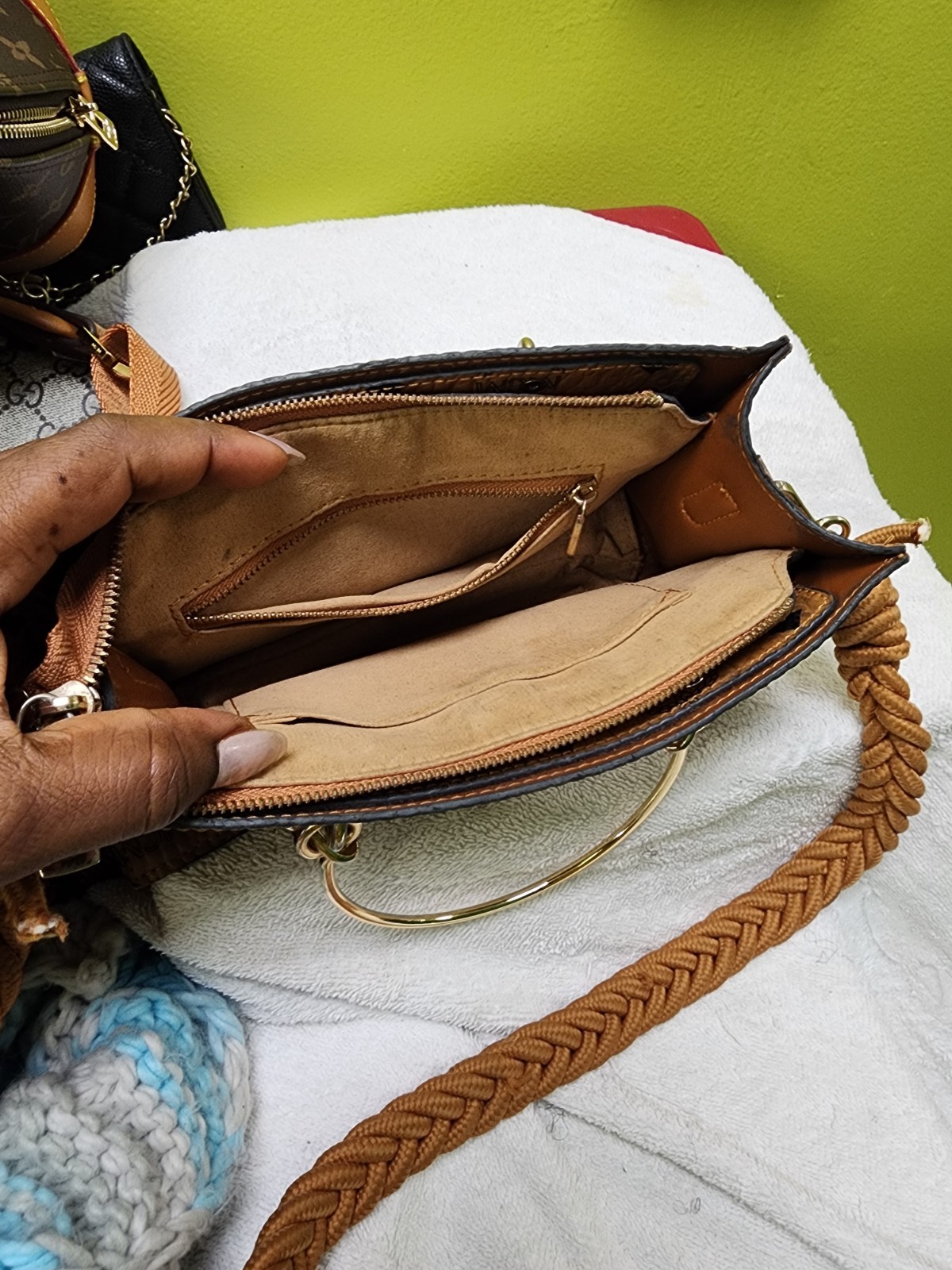 MCM Brown Logo Top Handle Bag Zip Closure, Rope Strap, Gold Hardware, Pockets