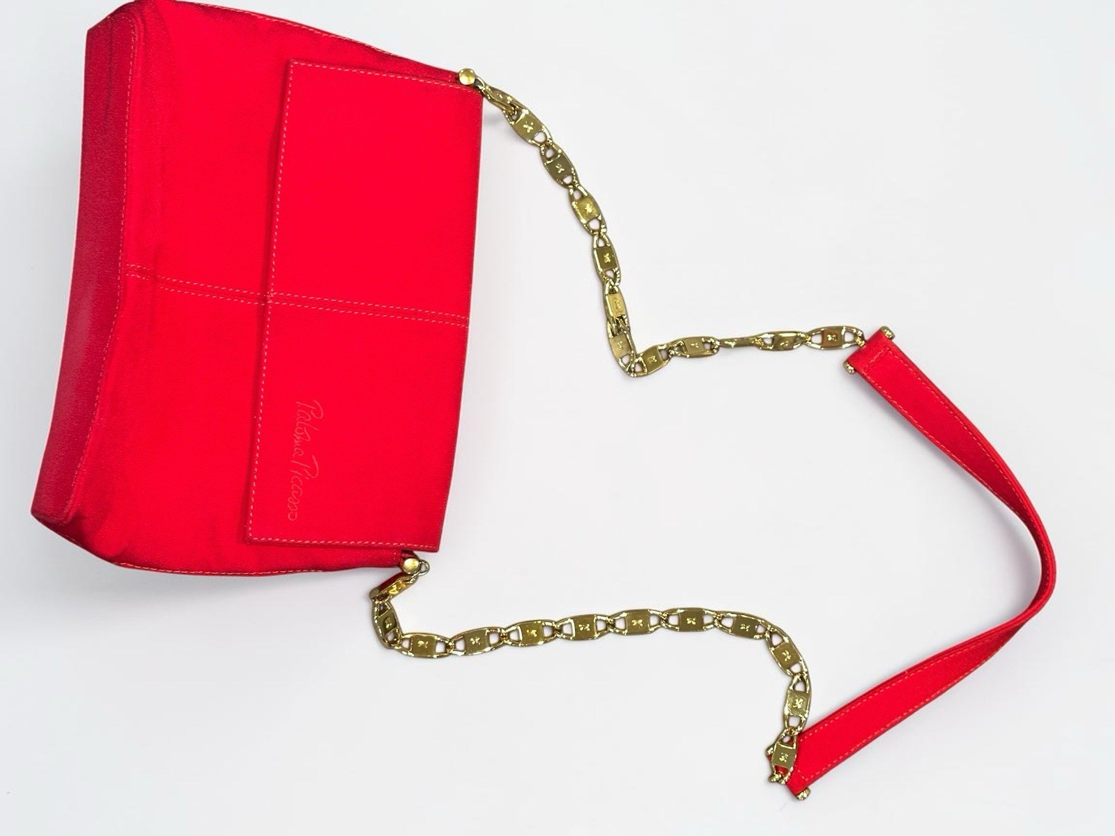 Paloma Picasso Red Leather Crossbody Bag Gold X Chain Italy Vintage 80s Designer