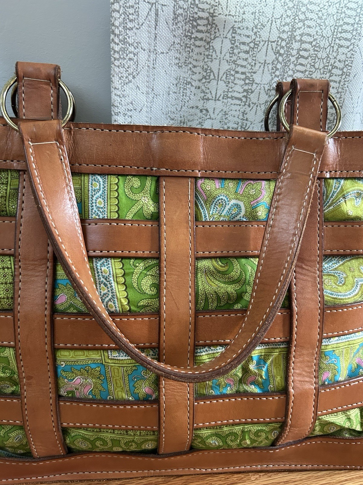 MITZI BAKER Woven Leather Satchel Purse Tech Tote Handbag Tan & Green RARE •L•EC