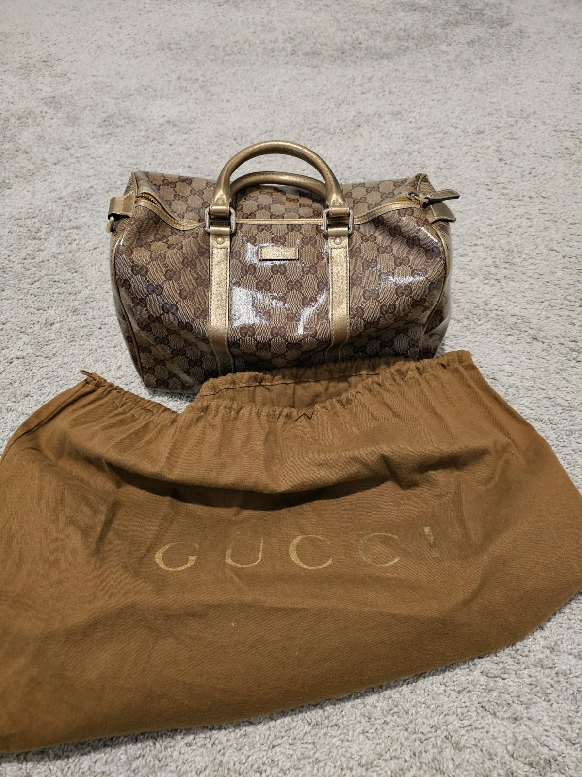 Gucci Joy Boston Monogram Gold Brown Top Handle Bag