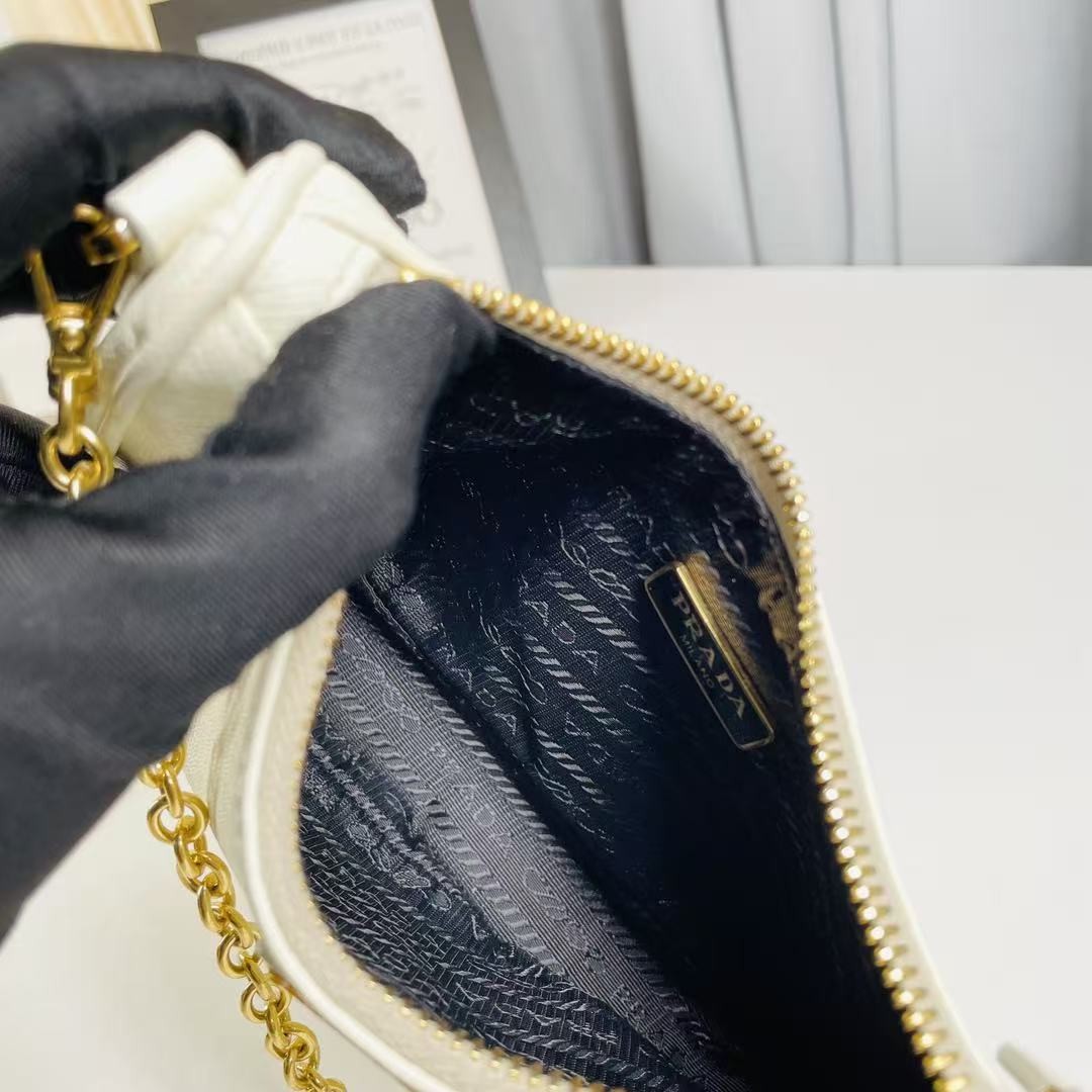 Prada Re-Edition 2005 Mini Hobo Bag White Saffiano Leather Gold Hardware 2WayBag