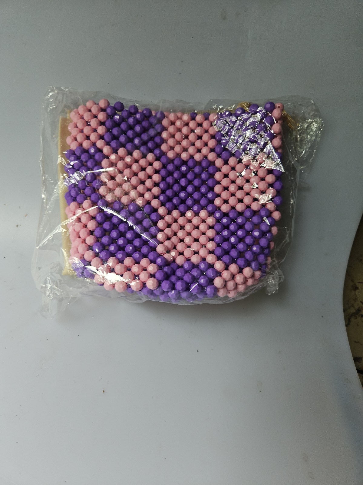 Acrylic Diamond Beaded Chequered Clutch Bucket Bag (Purple&Pink)
