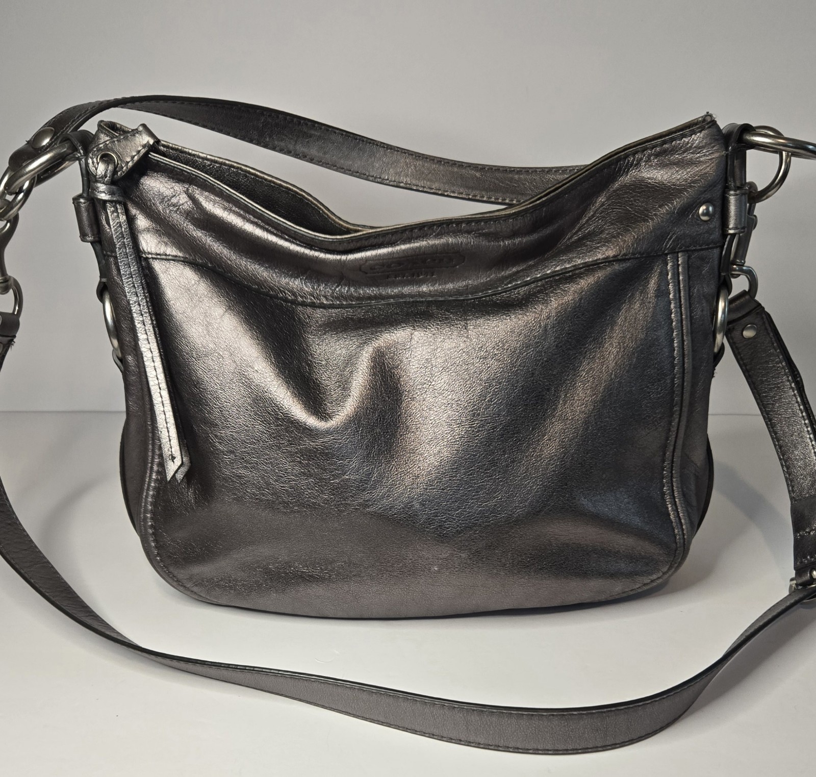 Coach Silver Grey Metallic Leather Shoulder Bag Removable Strap-See Descriptions