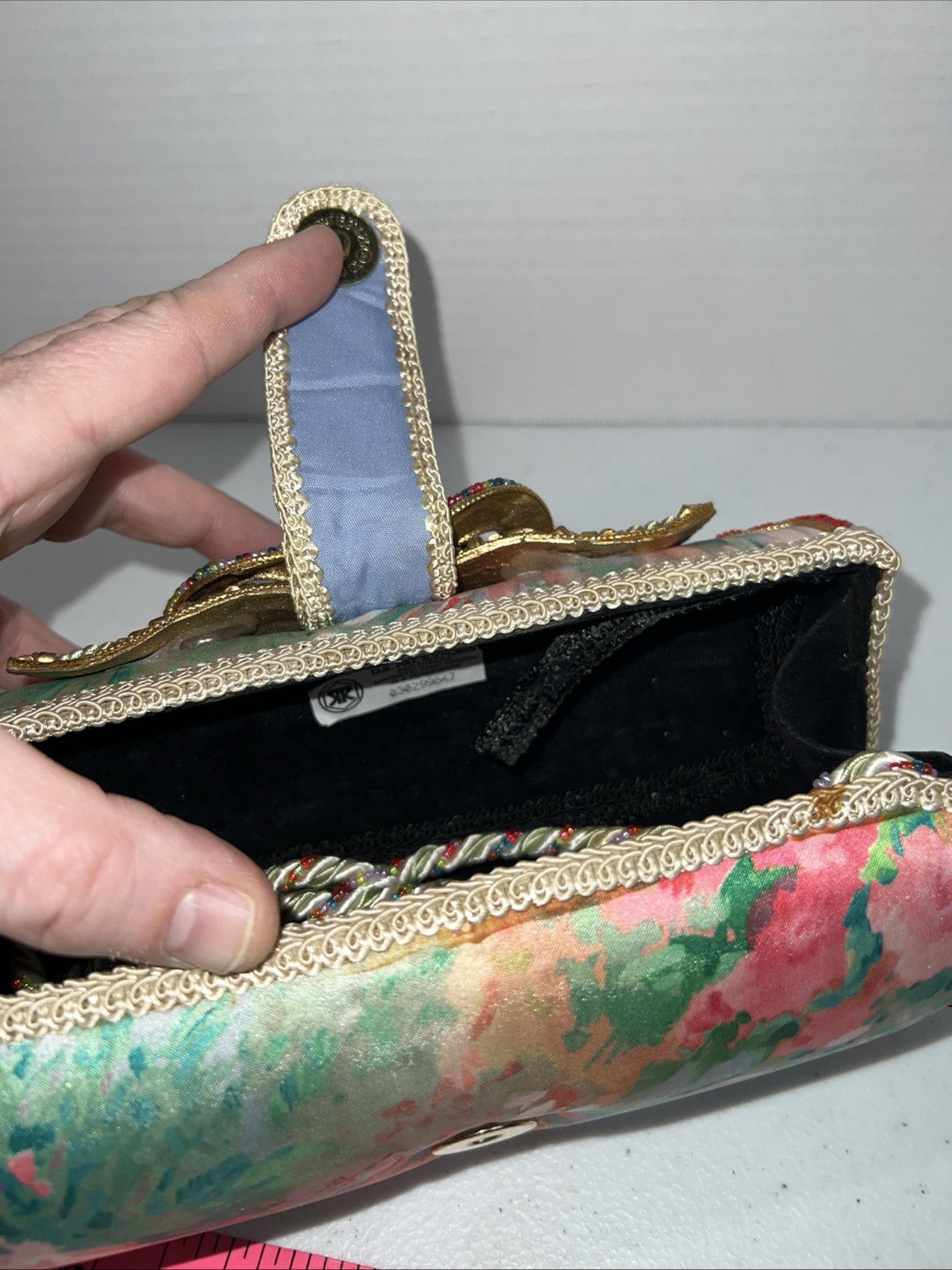 MARY FRANCES Butterfly Satin Silk Beaded Vintage Clutch With Strap