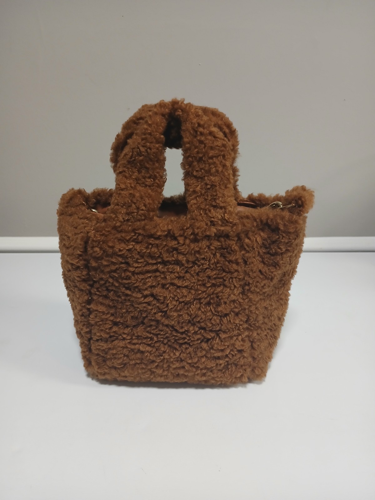New! Brown Teddy Mini Top Handle Tote Bag Bucket Bag with Gold Chain