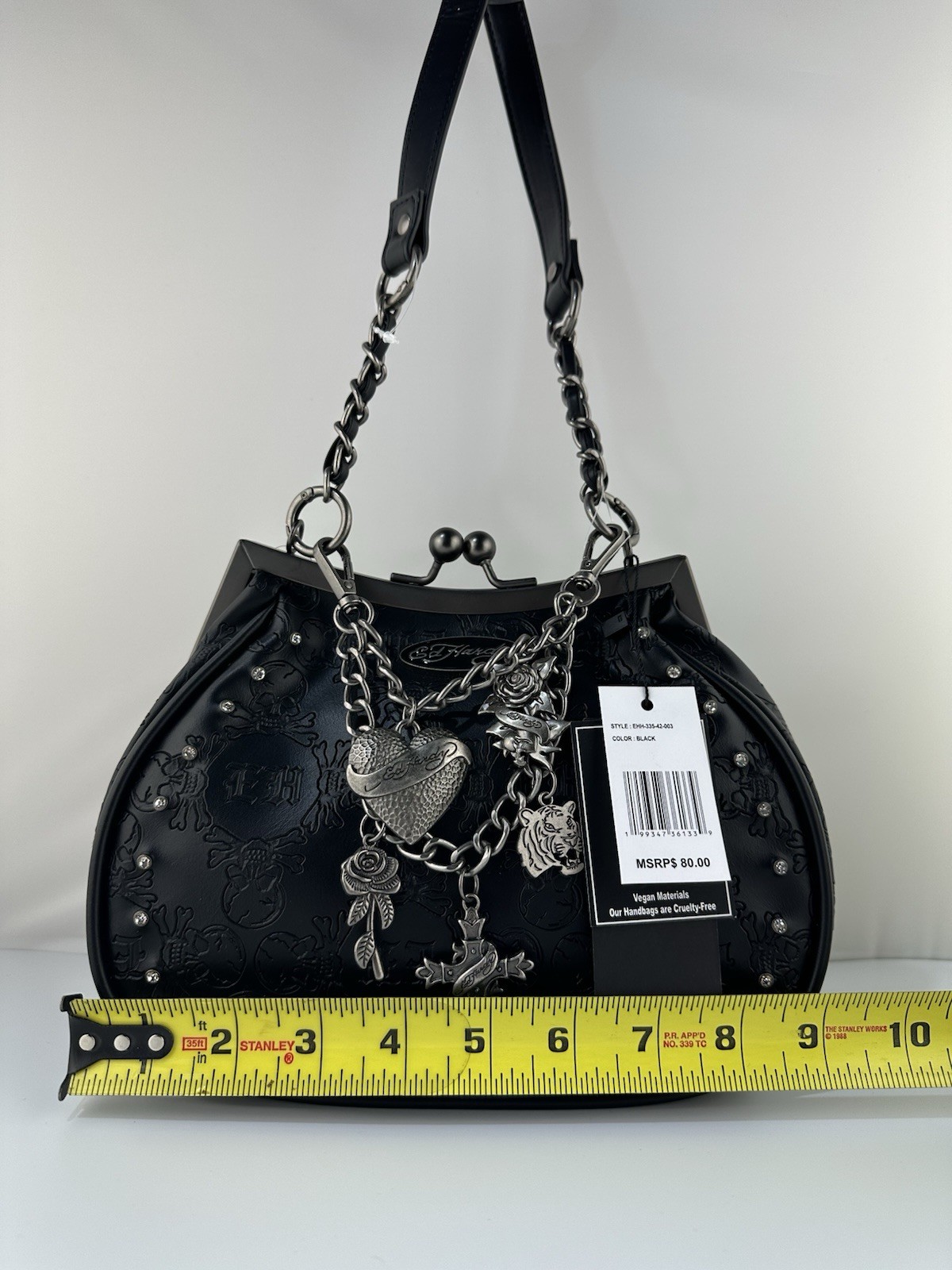 ED HARDY Black SKULL Rose Logo EMBOSSED Studded SATCHEL Tote Bag With Charms NEW