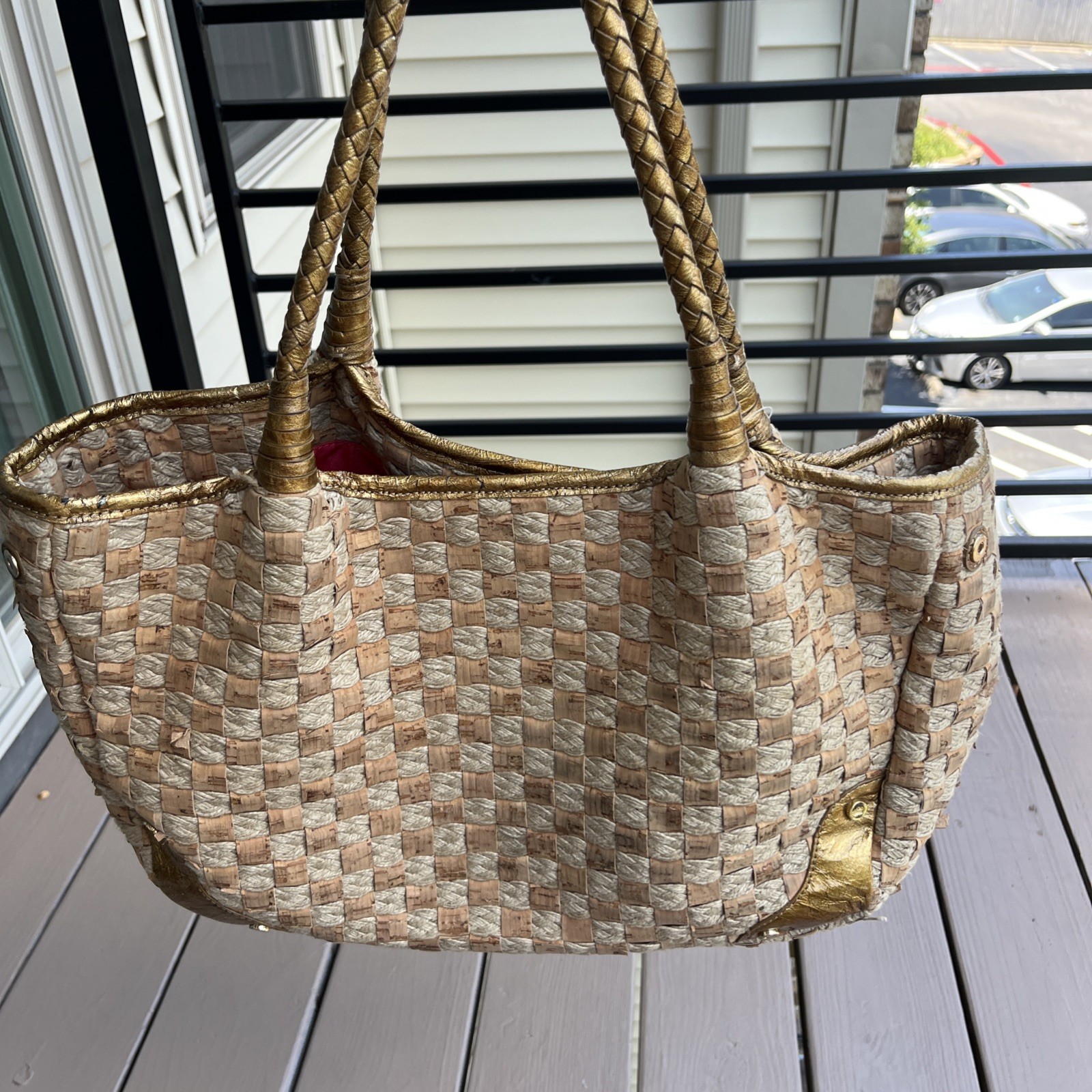 ELAINE TURNER Woven Cork Rope Tote Shoulder Bag Gold Leather Handles Boho