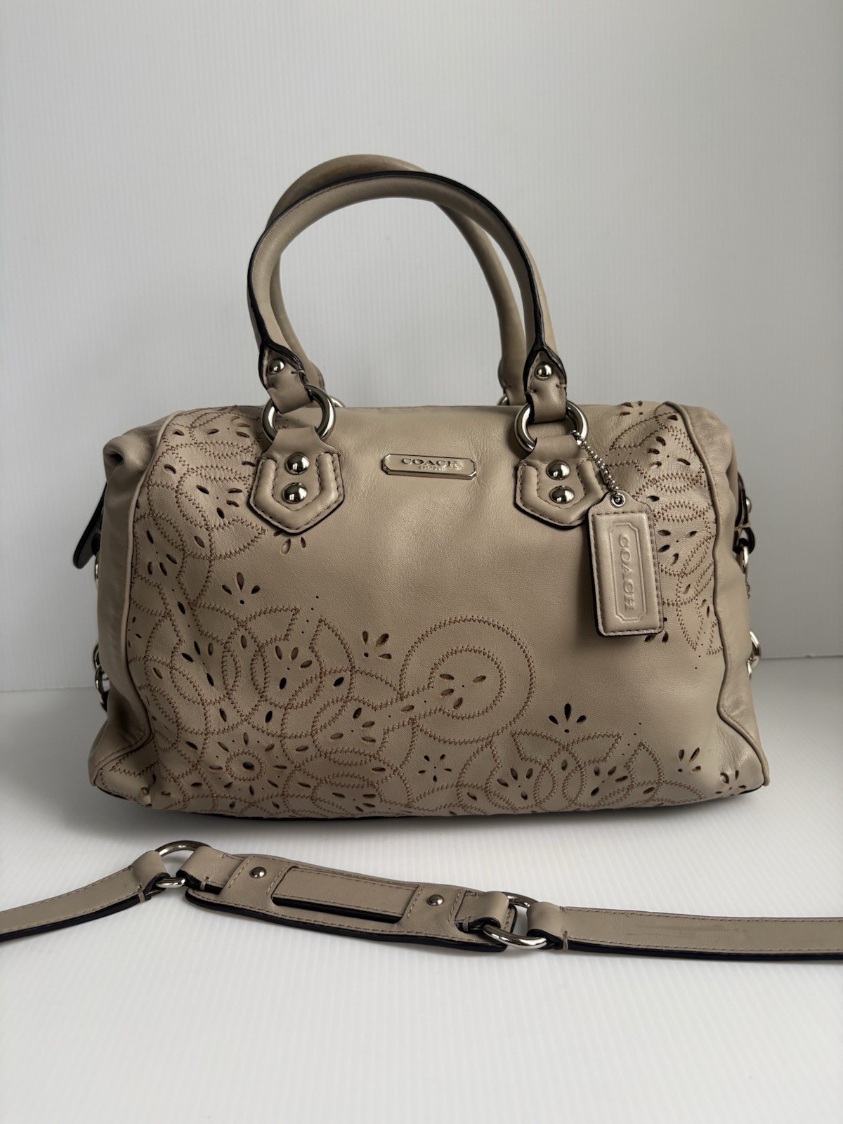 Coach Ashley Leather Tossed Laser Cut Satchel Shoulder Bag Mushroom Color EUC
