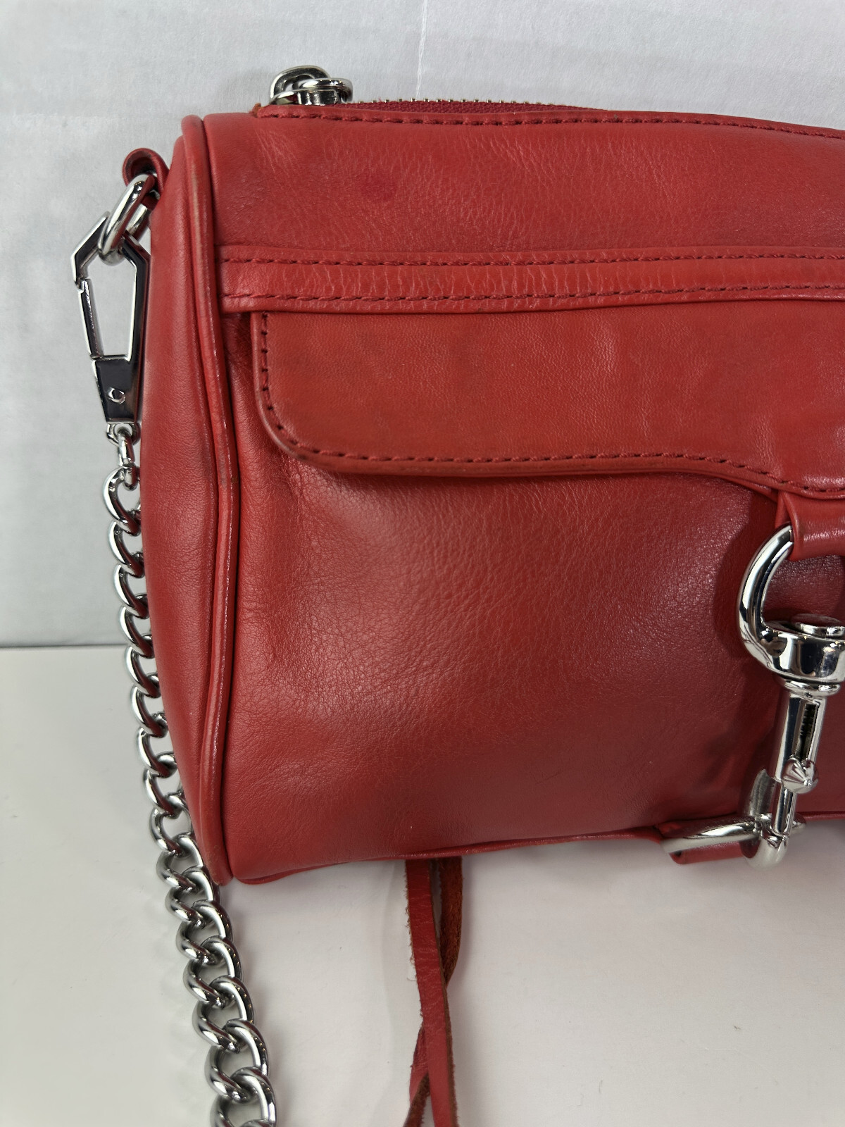 Rebecca Minkoff Mini Mac Crossbody Bag Red Leather Purse Chain Strap Studded