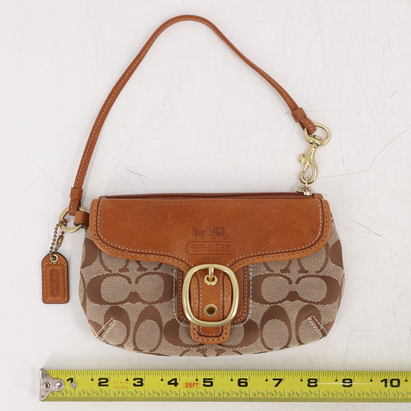 Coach Bleecker Buckle Monogram Wristlet Leather Wallet Purse Tan Cognac Brown