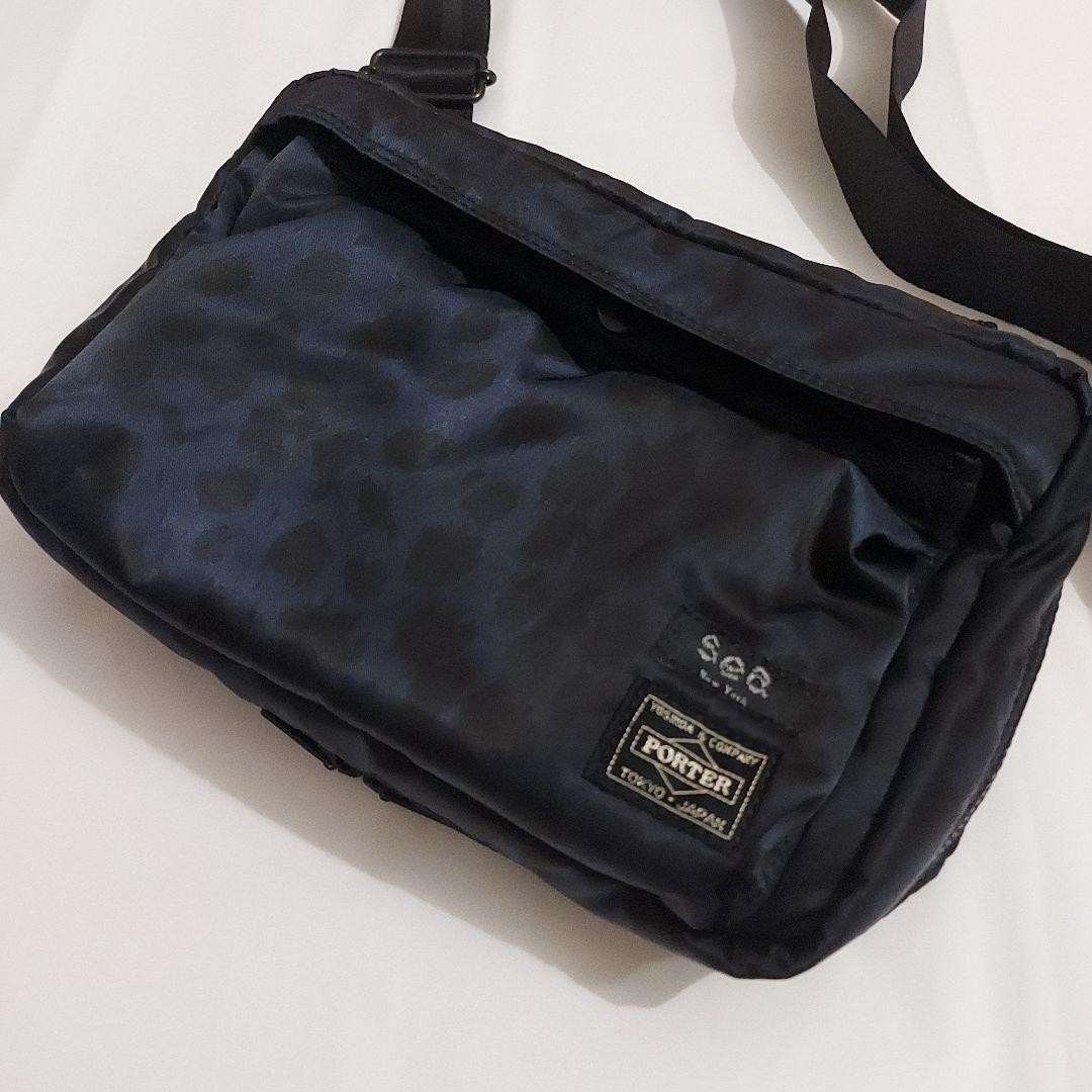 Yoshida Kaban PORTER Collab Leather Shoulder Bag Navy Leopard Pattern Rare Auth