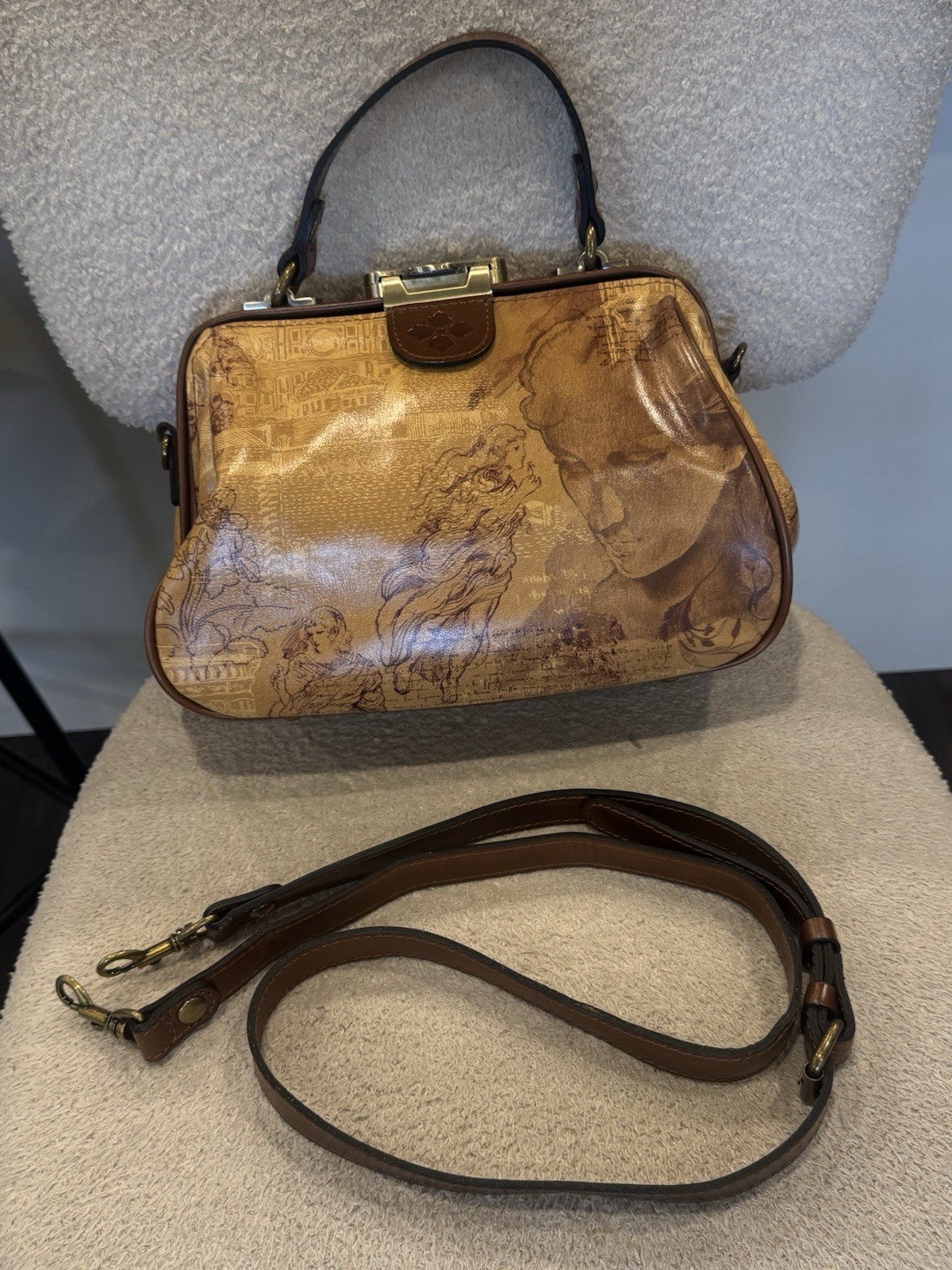 Patricia Nash Sketchbook Satchel Top Handle Latch Brown/Tan Gold Detach Strap