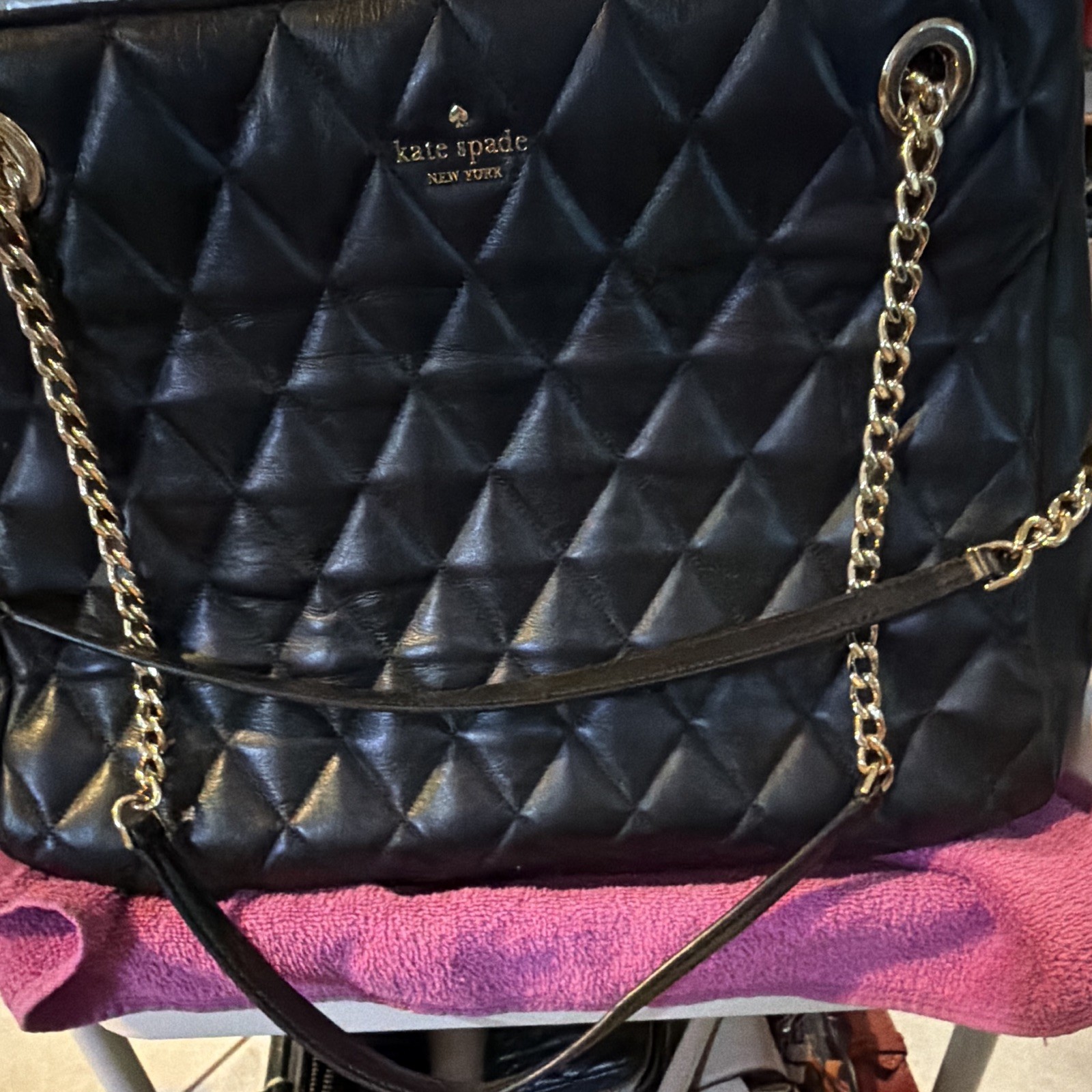 kate spade new york Black Quilted Shoulder Bag Chain Strap Gold Hardware Zip