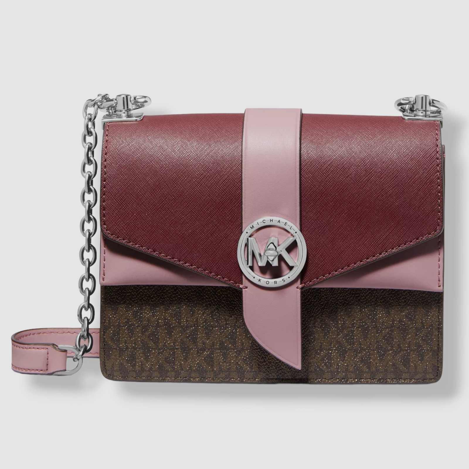 $299 MICHAEL KORS Women Brown Pink Signature Greenwich Convertible Crossbody Bag