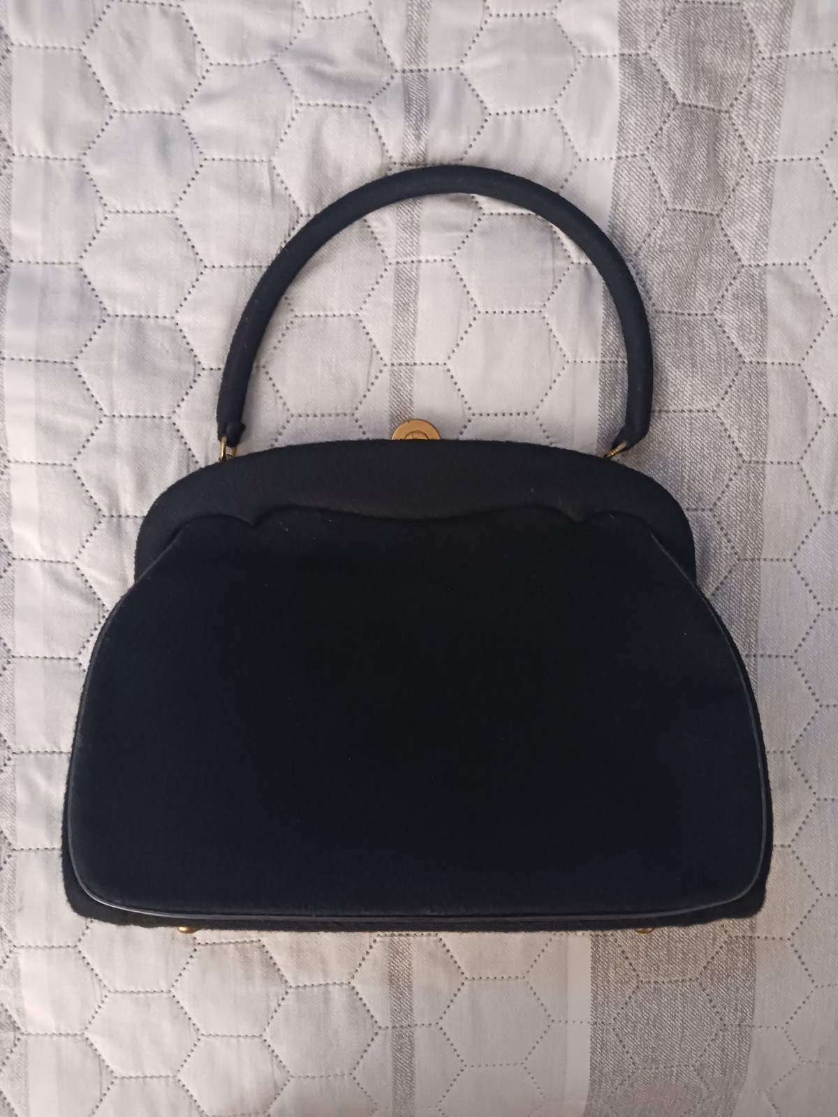 Vintage Etra Black Felted Wool Top Handle Handbag 40s 50s Deco Gold-tone Clasp