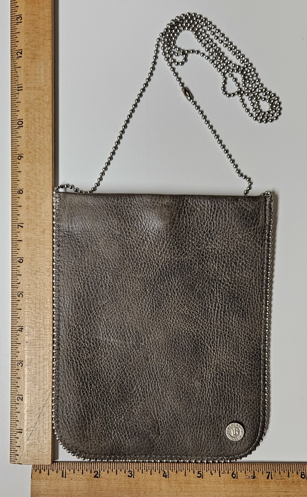 Leatherock USA Pebbled Leather Pouch Chain Detail & Crossbody Grey 7.75″x 6.25″