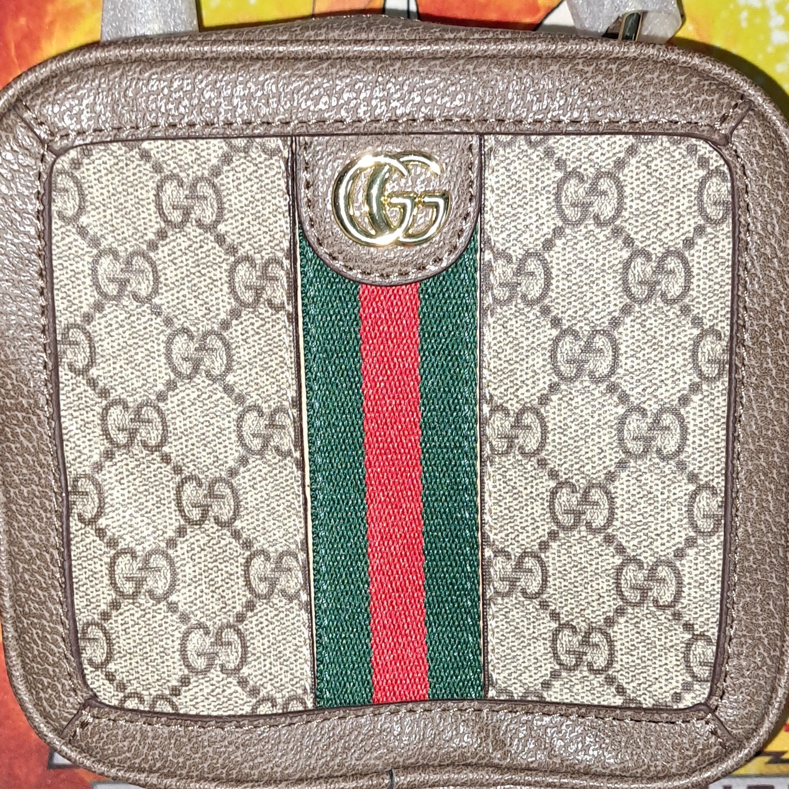 Gucci GG Web Stripe Beige Brown Small Crossbody Bag Zip Gold Hardware Women