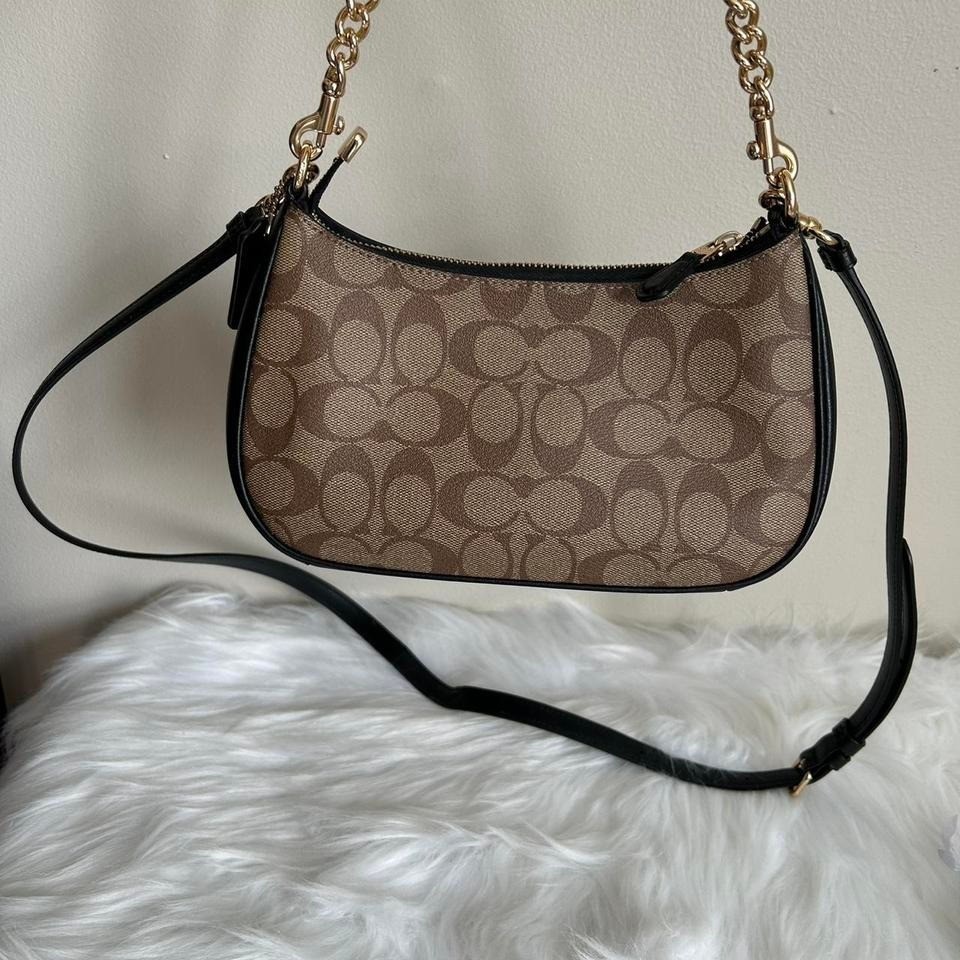 Coach Teri Hobo Khaki Signature Canvas Leather Shoulder Bag Excellent