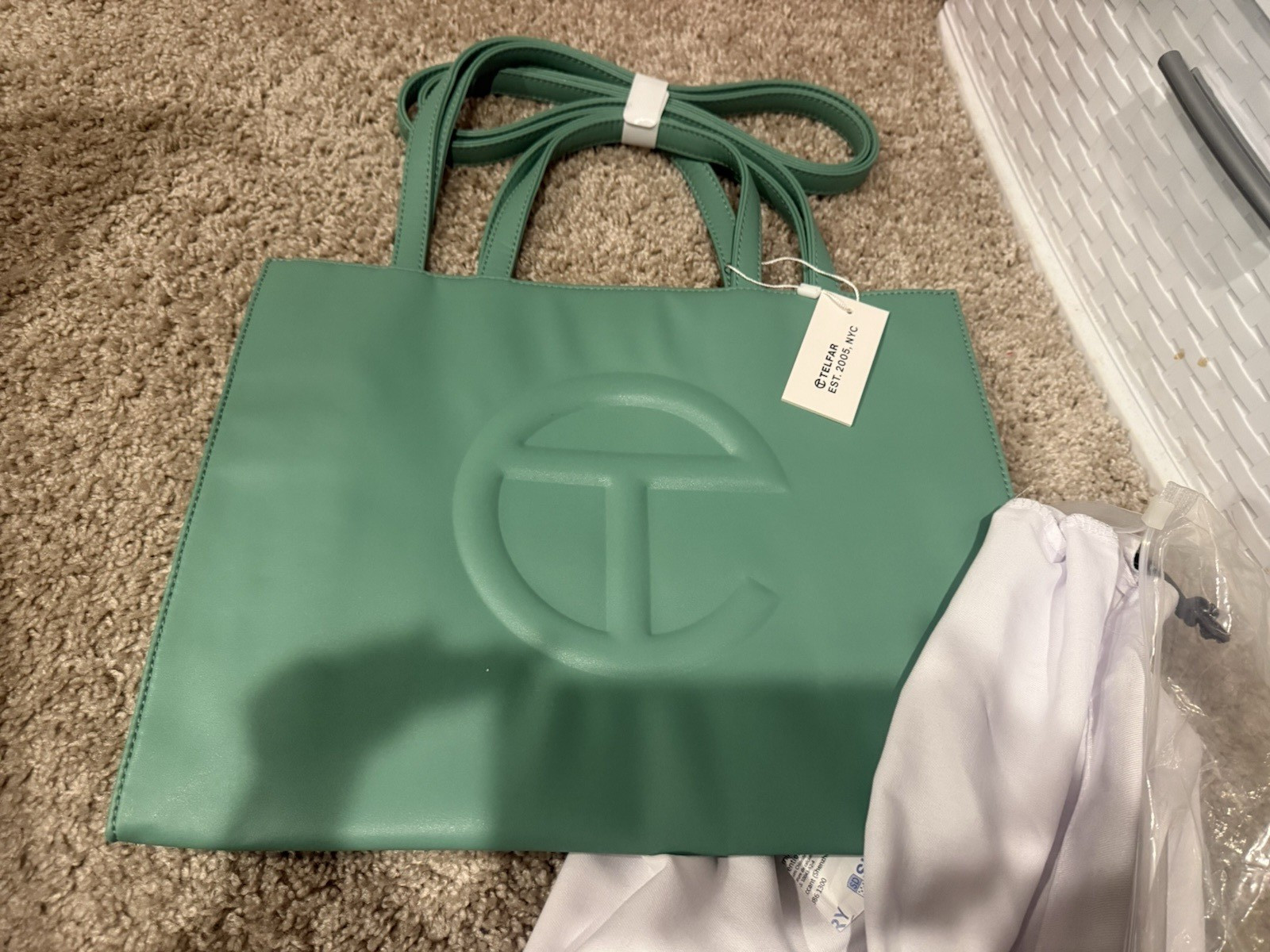 Telfar Green Tote Bag Logo Pattern Crossbody Strap Double Handles w/ Dust Bag