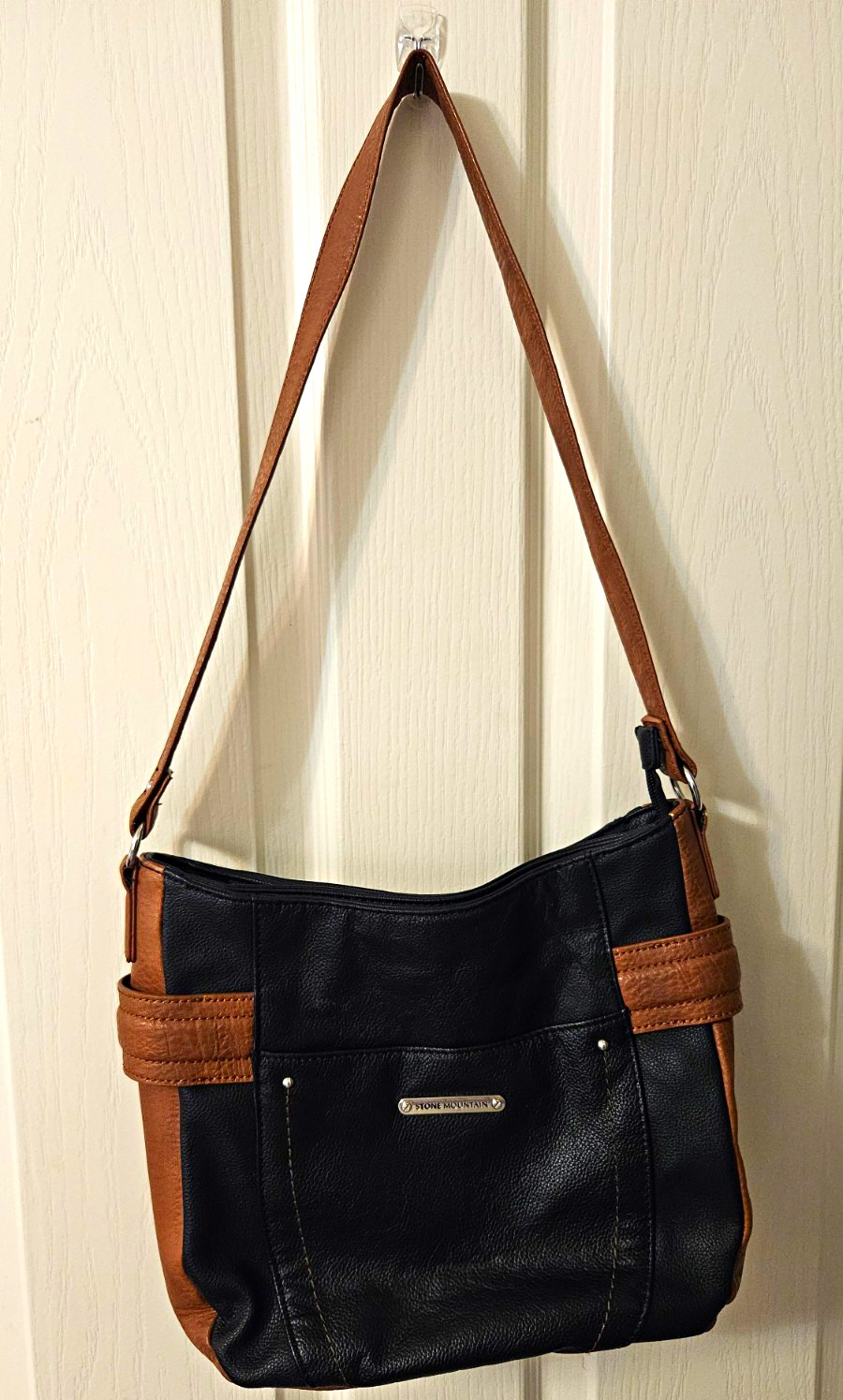 Stone Mountain Black Brown Zip Shoulder Bag Silver Hardware Pockets