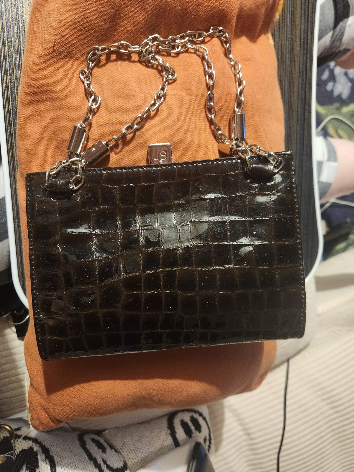 VINTAGE JILL STUART BLACK CROC EMBOSSED FRAME CLUTCH CHAIN HANDLE Y2K