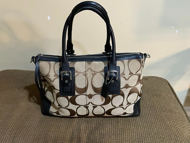 Coach Hampton Signature Carryall Satchel F13812 Tan/Brown with Black Leather – w