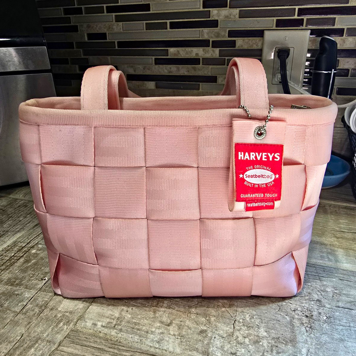 Harveys Pink Woven Tote Handbag Zip Top Double Handles Seat Belt Purse