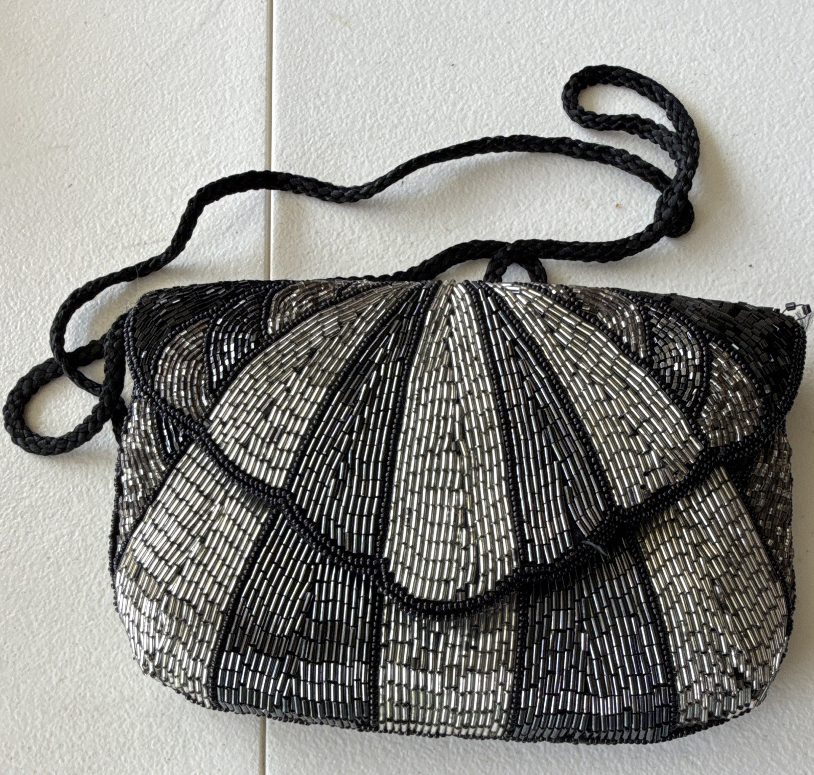 Black Silver Beaded Metallic Striped Small Crossbody Clutch Bag Snap, Lined