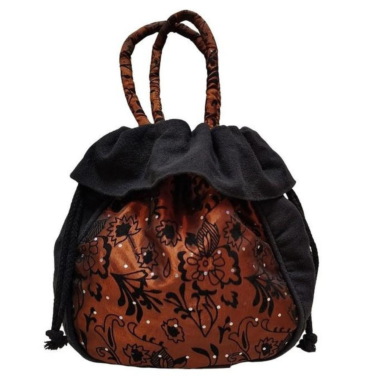 Victorian Satin Lace Cinching Cloth Handbag Bronze Black Embellished Gothic Boho