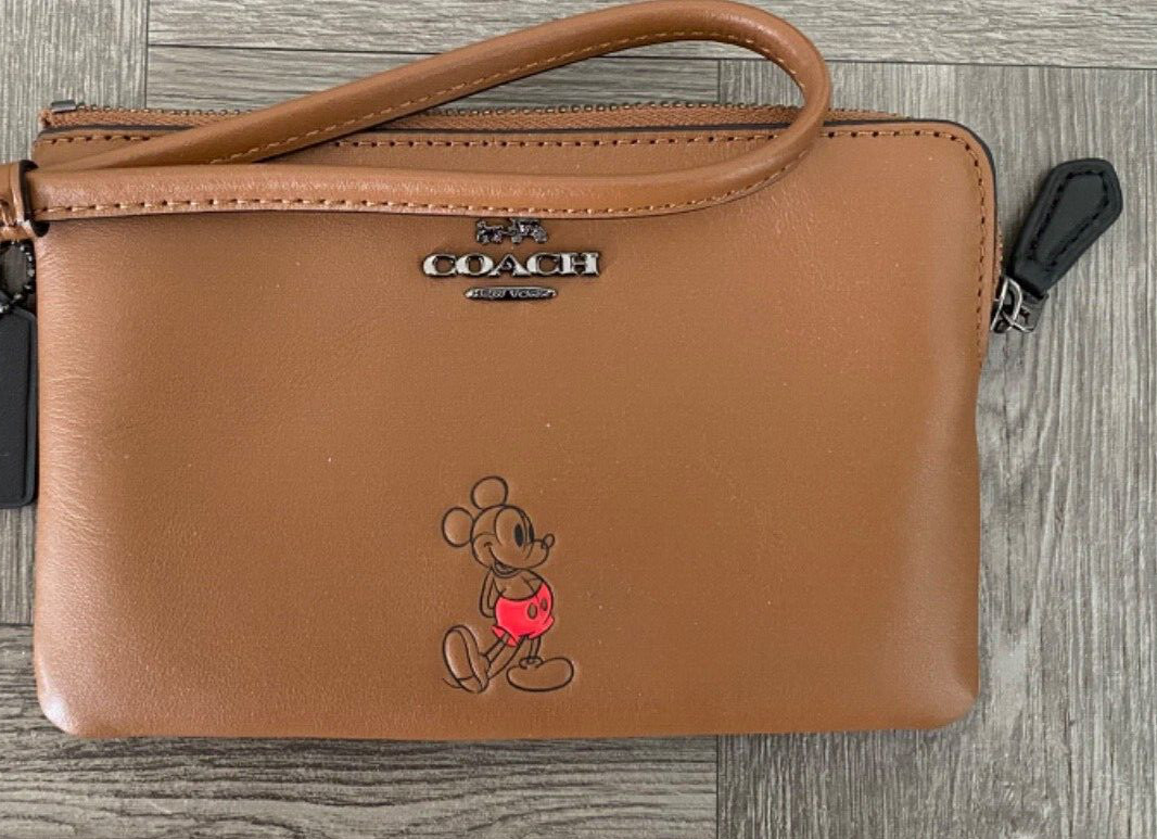 COACH x Disney Land Mickey Mouse Wristlet Leather Wallet 56266B Brown World Walt
