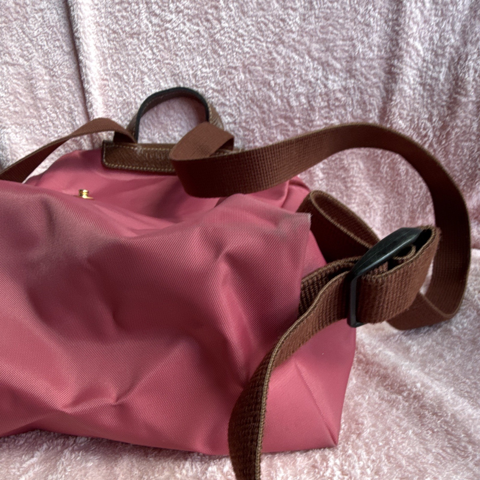 Longchamp Le Pilage Red Backpack Brown Straps Gold Hardware