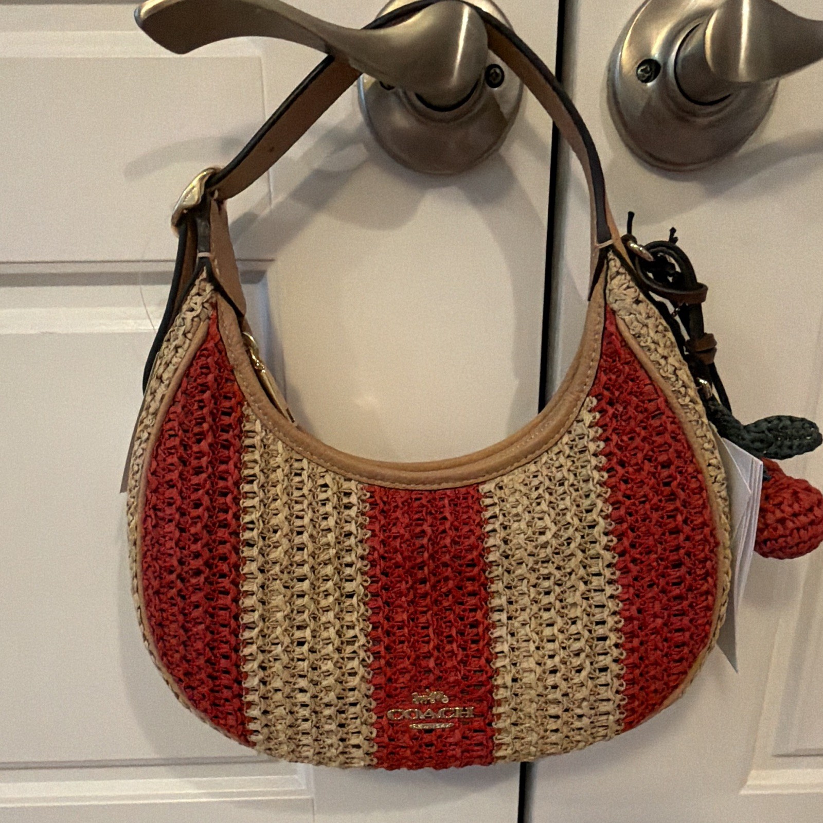 NWT COACH Emily Straw Crescent Shoulder Bag Red Tan Zip Extra Strap Cherries