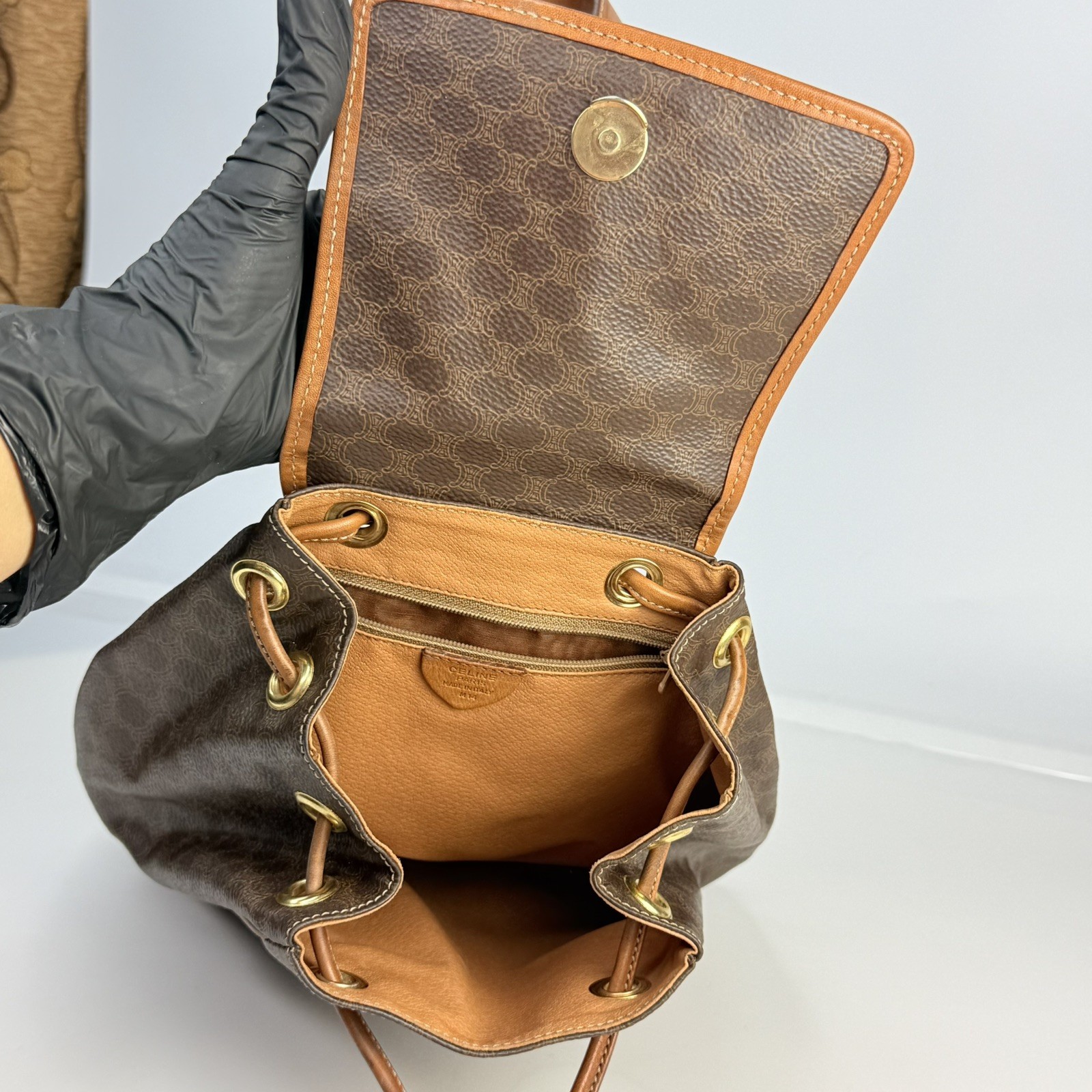 💫Authentic CELINE Macadam Monogram PVC & Leather Drawstring Backpack Vintage💫
