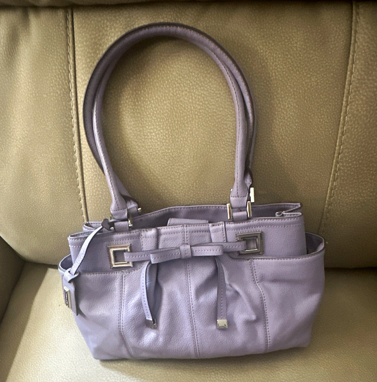 Tignanello Women’s Purple Solid Pebbled Satchel Top Handle Zip, Pockets, Silver