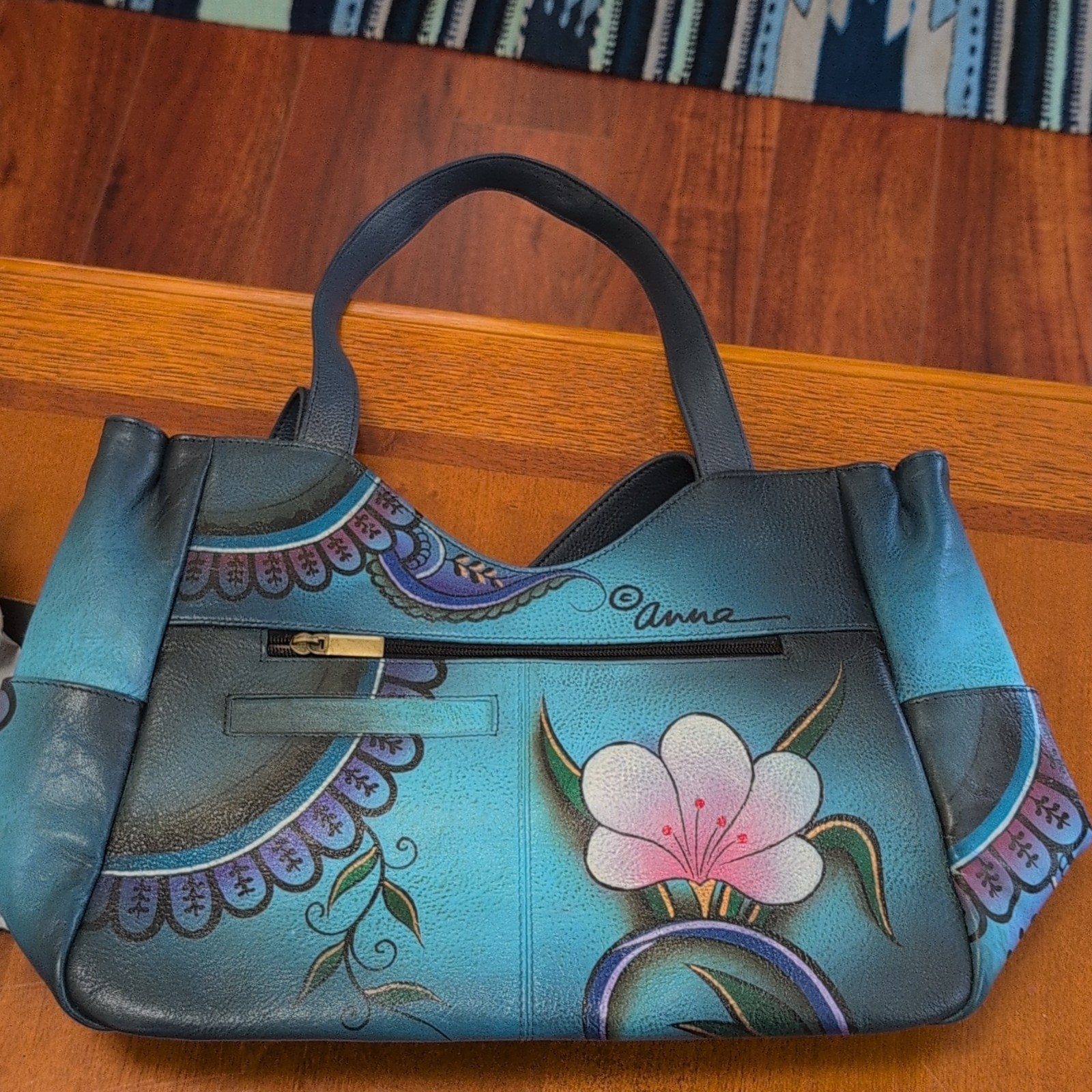Anuschka Blue Floral Shoulder Bag Double Handles Zip/Magnetic Inner Pockets