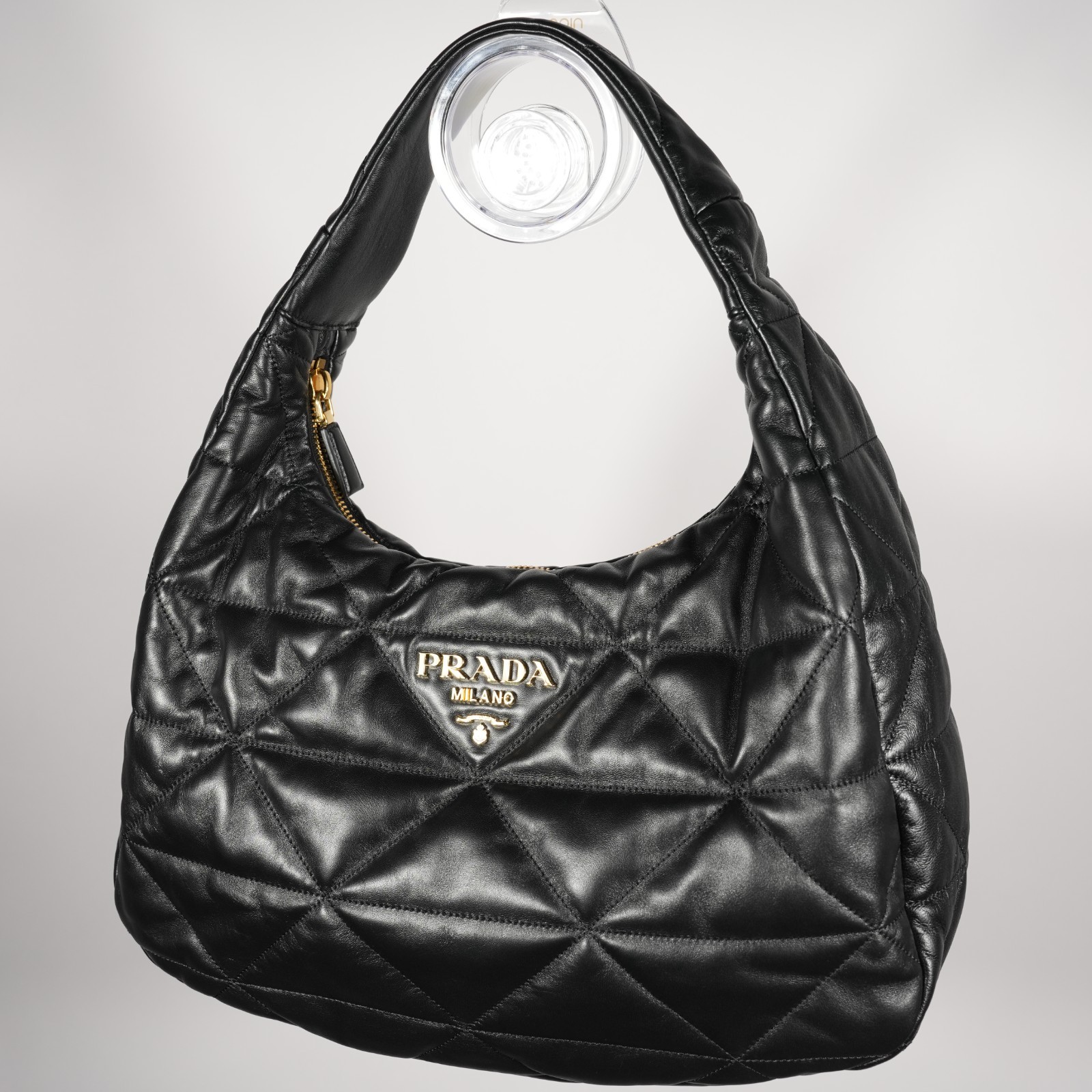 Prada Nappa Leather Triangle Stitched Patchwork Large Zippered Hobo Bag Black