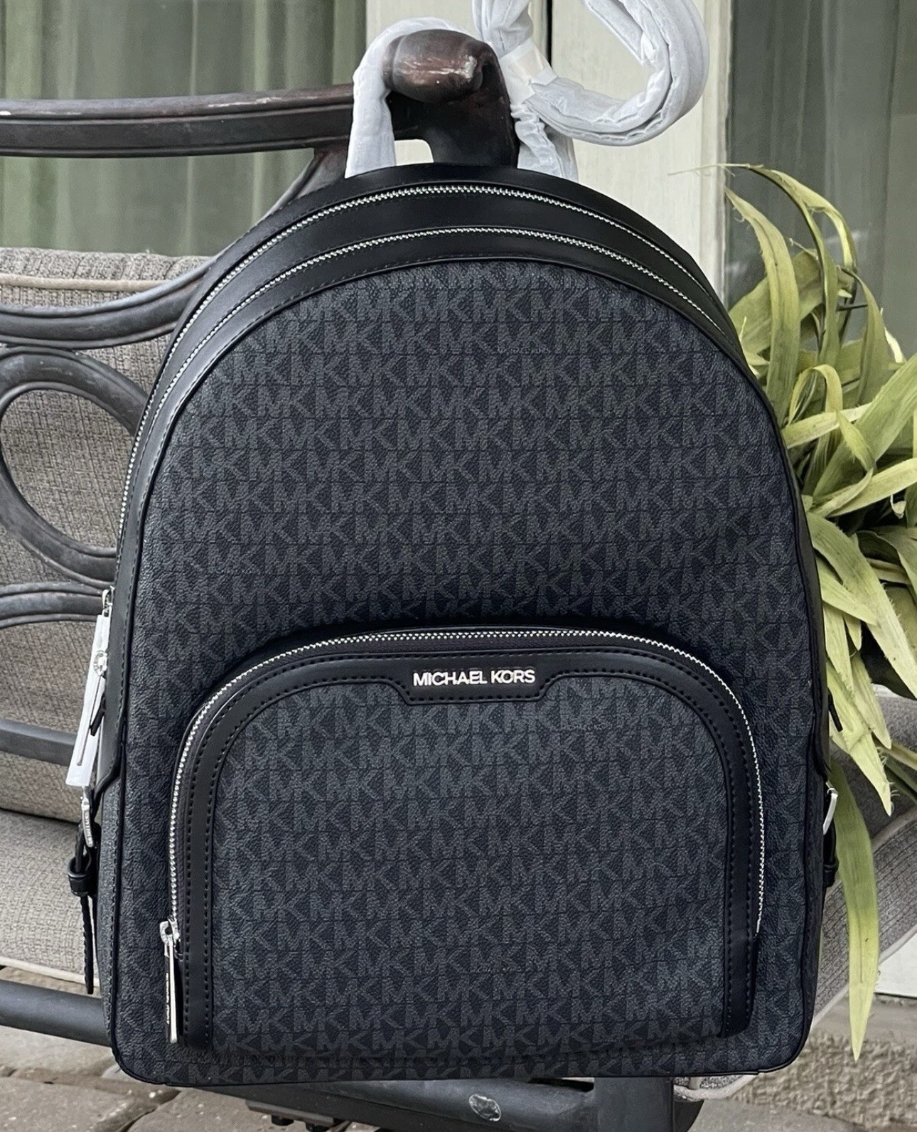 MICHAEL KORS JAYCEE LARGE ZIP POCKET BACKPACK BAG TOTE MK BLACK LOGO SILVER