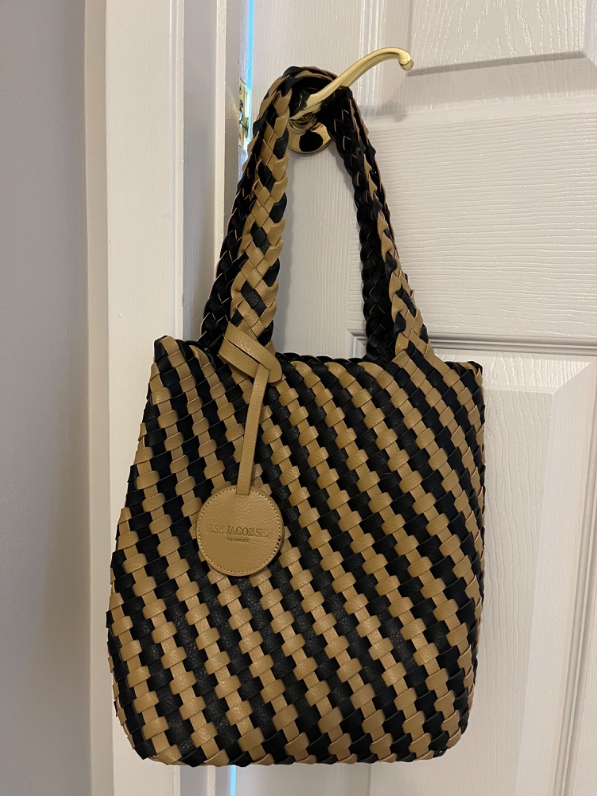 Ilse Jacobsen Woven Tote Bag Purse Black and Tan Incense Weave Reversible