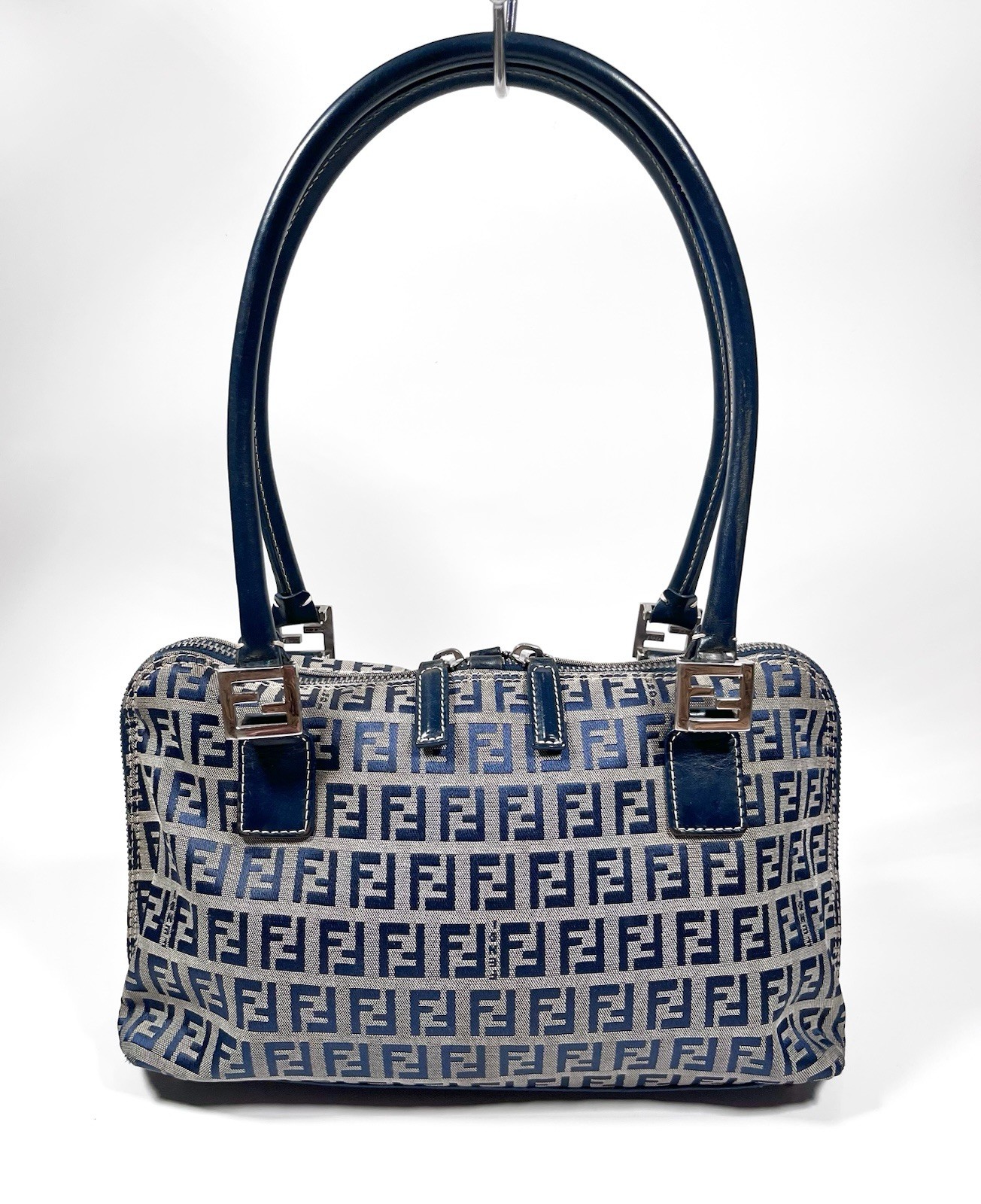 Vintage Fendi Zucca/ Zucchino Canvas Shoulder Handbag in Navy Beige FF Monogram