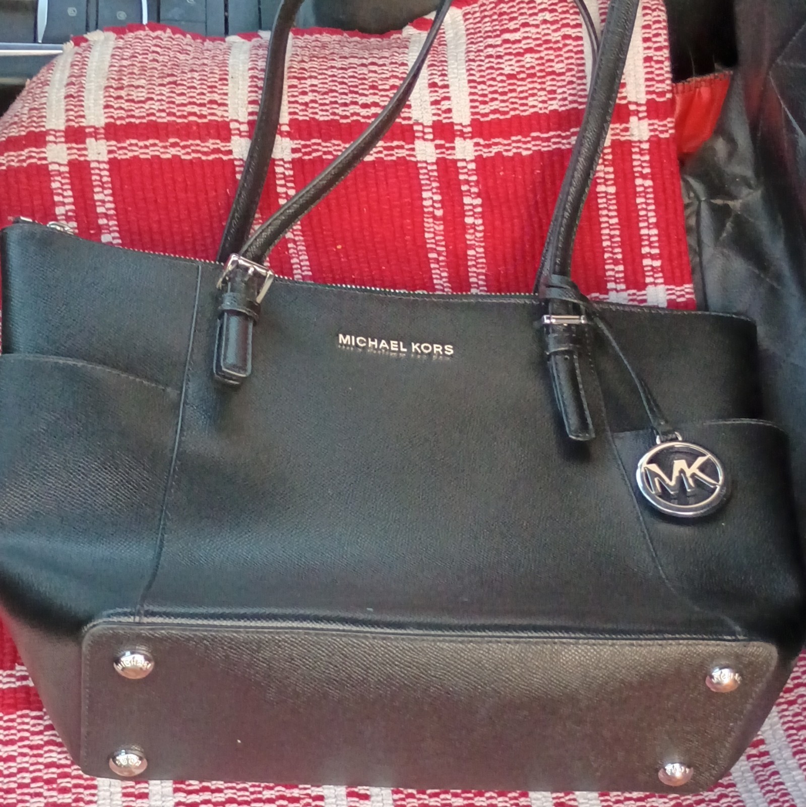 Michael Kors Women’s Large Black Zip Tote w/ MK Charm, Lined, Studs